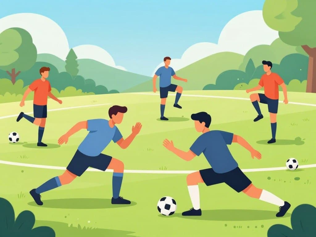 A vibrant soccer training scene showcasing dynamic stretching in action. In the foreground, two male players in modest athletic wear, engaged in deep lunges and arm swings, demonstrate stretching techniques on a grassy field. The middle ground features additional players performing various soccer-specific movements, like high-knees and butt kicks, with clear demonstrations of energy and focus. In the background, green trees and a bright blue sky suggest an early morning atmosphere, enhanced by warm sunlight casting soft shadows. The composition captures the sense of motion, with flowing lines and dynamic pose shifting, creating an inspiring and energetic mood, ideal for illustrating effective warm-up routines. A vibrant soccer training scene showcasing dynamic stretching in action. In the foreground, two male players in modest athletic wear, engaged in deep lunges and arm swings, demonstrate stretching techniques on a grassy field. The middle ground features additional players performing various soccer-specific movements, like high-knees and butt kicks, with clear demonstrations of energy and focus. In the background, green trees and a bright blue sky suggest an early morning atmosphere, enhanced by warm sunlight casting soft shadows. The composition captures the sense of motion, with flowing lines and dynamic pose shifting, creating an inspiring and energetic mood, ideal for illustrating effective warm-up routines.