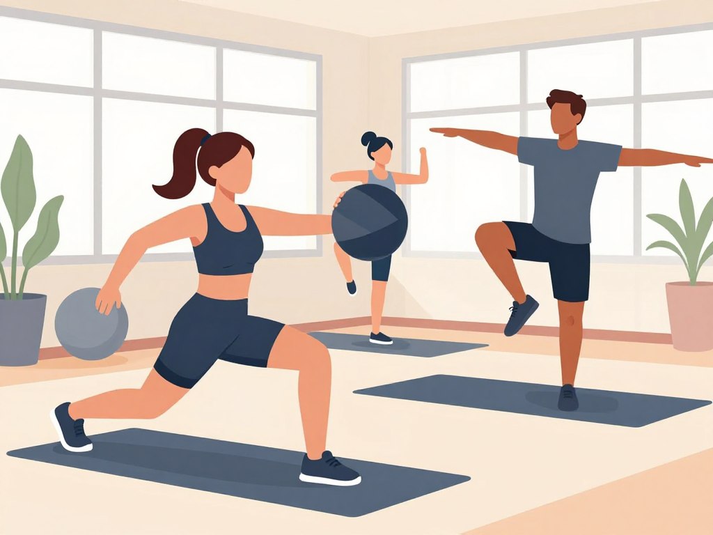 A dynamic fitness scene showcasing a diverse group of three individuals engaged in full-body activation techniques in a bright indoor gym setting. In the foreground, a woman performs a dynamic lunge with a medicine ball, demonstrating energy and focus, while wearing a fitted, modest athletic outfit. Nearby, a man executes a high knee drill, showcasing motion and agility. In the background, another individual is doing arm circles, highlighting the importance of upper body engagement. The gym is well-lit with natural light streaming through large windows, creating a vibrant and active atmosphere. The angle captures a sense of depth, emphasizing the motion as the subjects move energetically—illustrating the concept of warming up effectively. No faces are close-up, ensuring a simple and professional look.