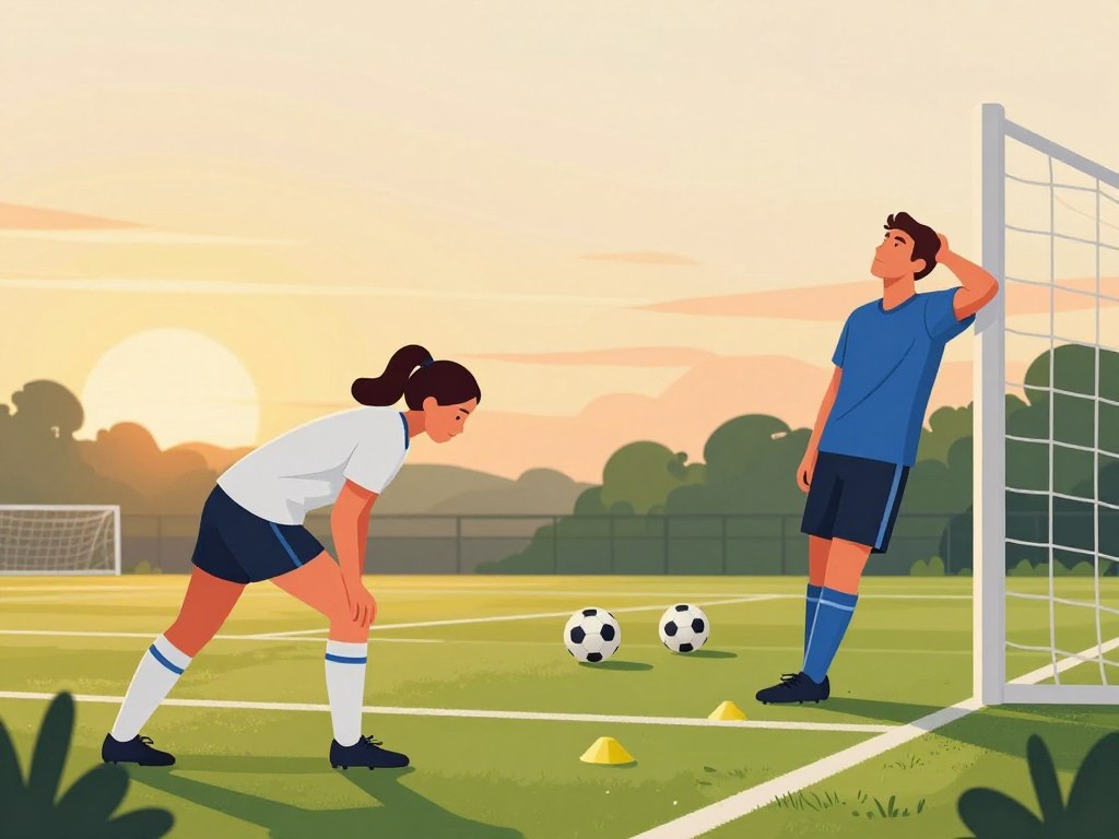 A dynamic post-game soccer routine scene on a well-maintained field, capturing two soccer players in modest athletic gear performing cooldown stretches. In the foreground, one player, a woman, is bending forward in a hamstring stretch, while the other, a man, is leaning against a goalpost, taking deep breaths to recover. The middle ground features a few scattered soccer balls and cones, hinting at the game just played. In the background, a vibrant sunset casts warm golden light, enhancing the energetic atmosphere. The camera angle is slightly lower, emphasizing the players' movements and the field's depth, creating a sense of motion and tranquility after an intense match. The overall mood is focused yet relaxed, showcasing the importance of cooldown routines in soccer.
