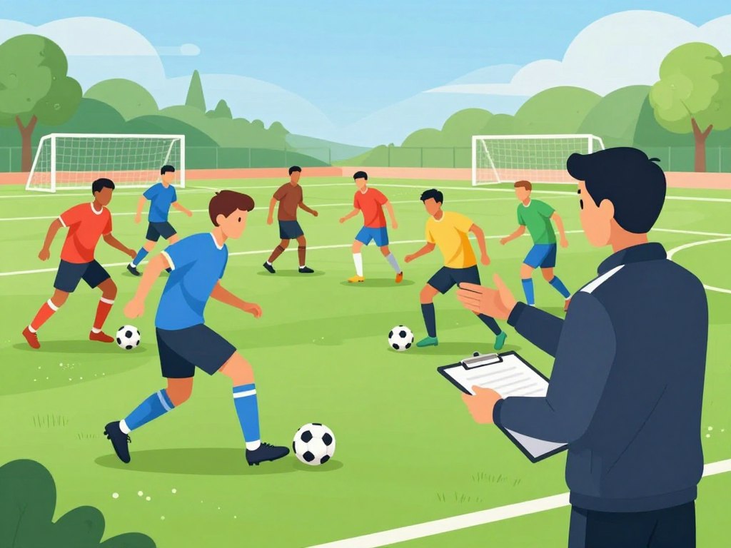 A dynamic soccer coaching scene set on a vibrant green field, featuring a diverse group of players engaged in an intense training session. In the foreground, a professional soccer coach, wearing a sports jacket and holding a clipboard, gestures animatedly to convey feedback, showcasing an expression of focused determination. In the middle ground, players demonstrate various skill drills, showcasing teamwork and enthusiasm, with some in athletic jerseys and shorts, executing precise footwork and agile movements, while others listen attentively to the coach. The background features goalposts and distant trees under a clear blue sky, with soft, natural sunlight illuminating the scene, creating an energetic and motivational atmosphere. The angle is slightly elevated, capturing the action from a mid-range perspective, emphasizing the essence of constructive communication in coaching.