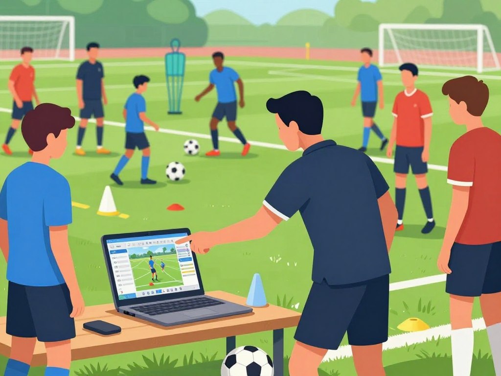 A dynamic soccer coaching session in progress, showcasing a laptop on a field bench displaying video analysis software. In the foreground, a knowledgeable coach in a professional polo and shorts passionately points at the screen, while a group of attentive players, dressed in training gear, are engaged in discussions, highlighting their interest in improving techniques. The middle ground features soccer cones and training equipment scattered around, emphasizing the busy practice environment. In the background, a vibrant soccer field under natural daylight illuminates the scene, capturing the essence of teamwork and strategy. The atmosphere is energetic and focused, conveying the importance of video analysis in enhancing soccer coaching techniques, with a shallow depth of field that keeps attention on the coaching dynamics.