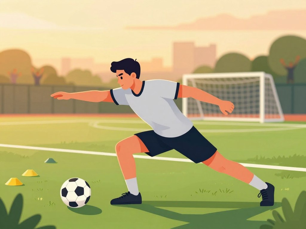 A dynamic soccer player performing a flexibility stretching routine on a green sports field during sunset. In the foreground, the player is captured in mid-stretch, showcasing elongated muscles and a focused expression, dressed in a well-fitted athletic jersey and shorts. The middle layer features a soccer ball nearby and a few training cones arranged on the grass, indicating a training session. The background reveals a blurred outline of a soccer goal and cheering spectators, with a warm, golden light casting long shadows, creating a vibrant and energetic atmosphere. The angle is slightly low, highlighting the player's form and movement, evoking a sense of vitality and performance improvement, while maintaining a professional and safe depiction.