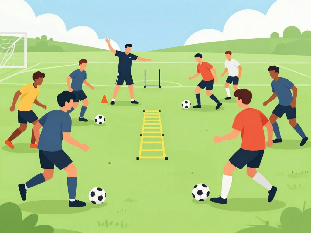 A dynamic soccer training scene capturing players engaging in challenging drills to improve their skills. In the foreground, a diverse group of athletes in modest athletic gear is shown in motion, actively dribbling and passing the ball, their concentration and determination evident in their body language. In the middle ground, a coach gestures enthusiastically, demonstrating techniques to overcome obstacles, surrounded by cones and agility ladders. The background displays a vibrant soccer field under a bright, sunny sky, enhancing the energetic atmosphere. The lighting is natural, casting clear shadows that emphasize movement. The lens is wide-angle, creating depth and a sense of immersion in the training process, filled with energy and motivation to succeed. No faces are close-up; the focus is on action and teamwork.