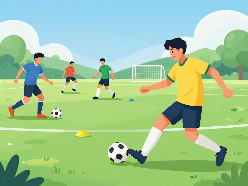 A dynamic soccer training session on a vibrant green pitch, showcasing drills designed to improve passing accuracy and game vision. In the foreground, a skilled player in a vibrant jersey executes a precise pass to a teammate, who is strategically positioned to receive the ball. The middle ground features additional players practicing their footwork and passing techniques, with cones marking drill stations. The background includes a clear blue sky with distant trees and a soccer goal. The scene captures motion and energy, portraying an intense yet focused training atmosphere. Soft sunlight filters through, illuminating the players and creating dynamic shadows, highlighting their athleticism and dedication. The composition is dynamically framed at a low angle to emphasize the action and teamwork.