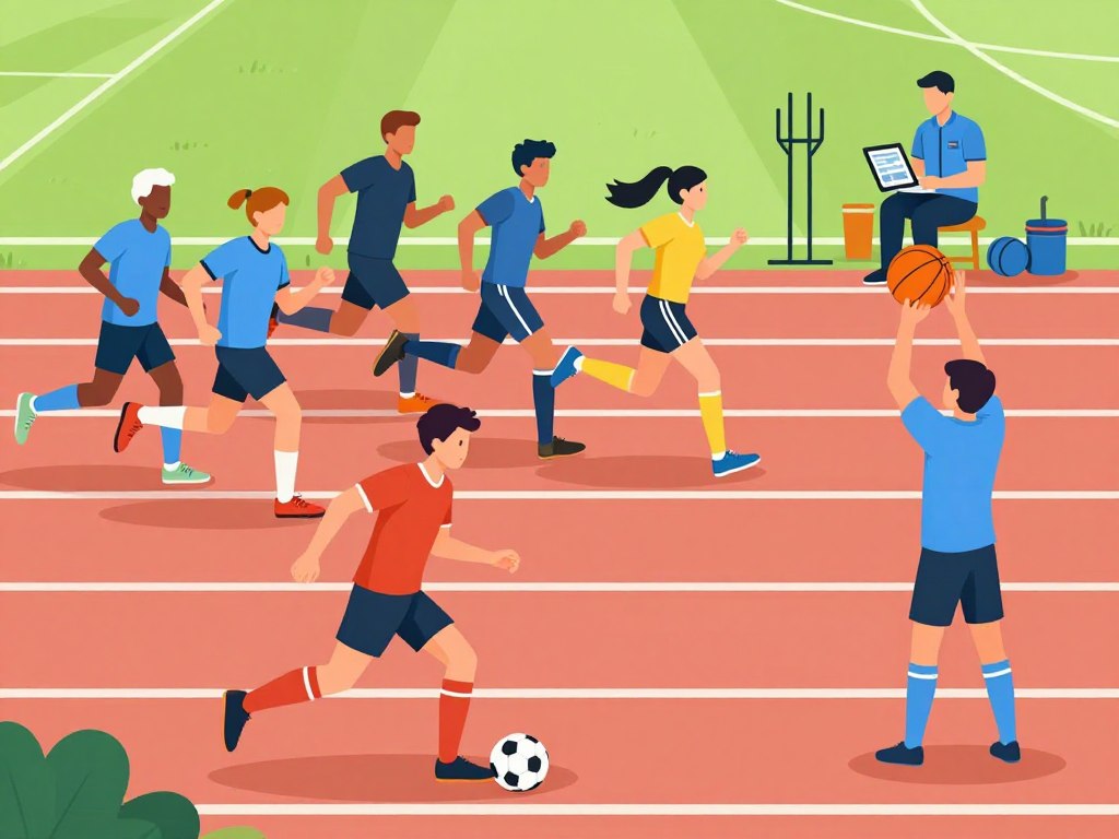 A dynamic sports scene showcasing diverse athletes engaged in various sports, including soccer, basketball, and track, emphasizing their different workload strategies. In the foreground, a soccer player dribbles the ball with intense focus, while a basketball player practices a jump shot nearby. The middle ground features a group of track runners in motion, showcasing their speed and endurance. The background displays a sports coach analyzing performance data on a tablet, surrounded by training equipment and a bright, sunny outdoor field. The image is filled with motion and energy, with appropriate lighting to highlight the athletes’ expressions of determination. Use a wide-angle lens to capture the atmosphere of teamwork and strategy across different sports and age groups, ensuring a professional and inspiring environment.
