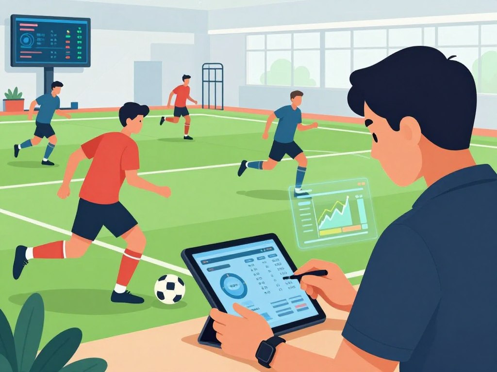 A dynamic sports scene showcasing the role of data in workload monitoring. In the foreground, a coach in professional attire, attentively analyzing tablet data on an athlete's performance metrics. The middle ground features athletes in motion, engaged in training, wearing sports gear that reflects agility and focus. High-tech graphics, like data overlays and performance charts, subtly incorporated into the atmosphere to enhance the sense of data-driven analysis. The background shows a modern sports facility with advanced training equipment and large screens displaying real-time statistics. The lighting is bright yet soft, creating an atmosphere of concentration and motivation. Capture any movement or energy, ensuring the composition avoids close-up faces, emphasizing teamwork and the importance of data in optimizing player workload.