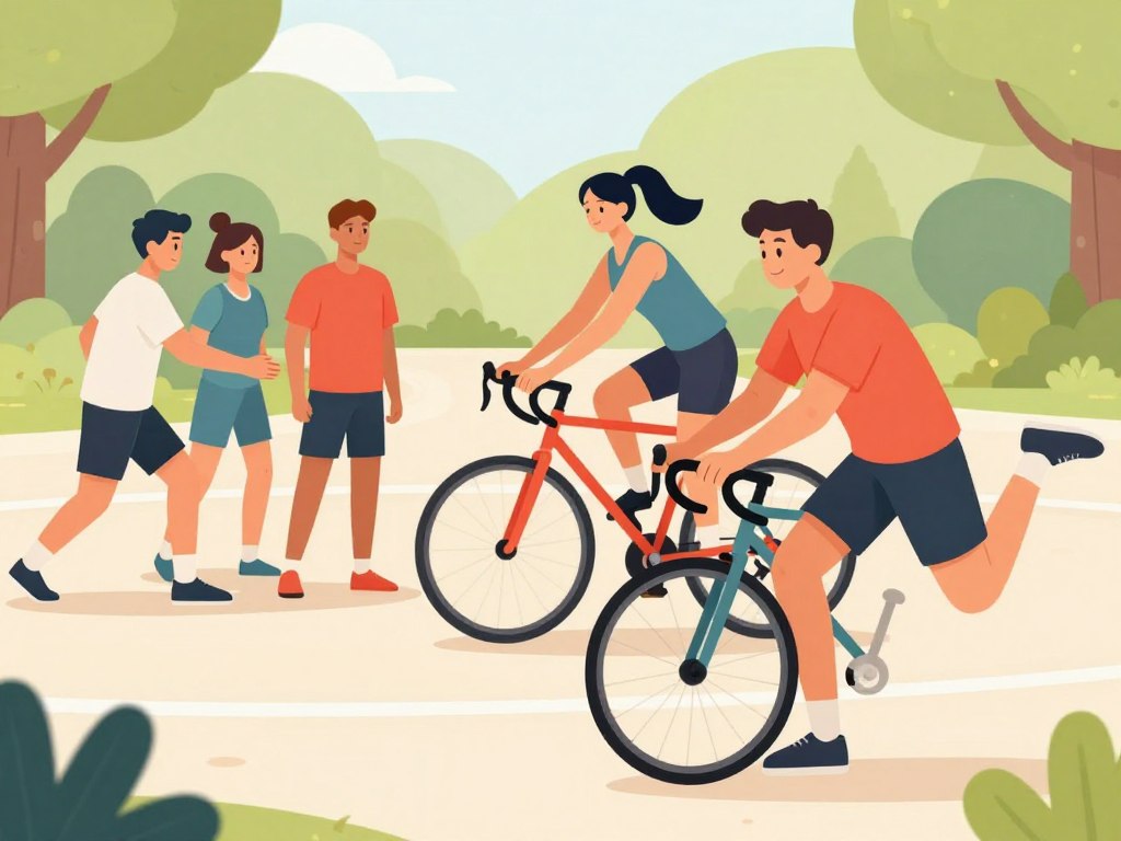 A vibrant scene showcasing a diverse group of individuals engaged in various warm-up activities tailored to their specific sports. In the foreground, a male runner performs dynamic stretches, wearing athletic gear, demonstrating focus and energy. In the middle ground, a female cyclist adjusts her bike while warming up, embodying determination. To the left, a group of three athletes in modest activewear is doing partner stretches. The background features an outdoor park with greenery and soft sunlight filtering through trees, creating a welcoming atmosphere. Capture a sense of motion with blurred lines that suggest energy and activity. The lighting should be bright and cheerful, evoking enthusiasm for training. The angle should be slightly tilted for a dynamic composition, emphasizing action without showing close-ups of faces.