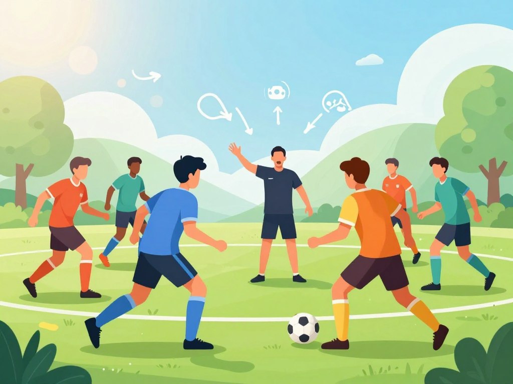 A vibrant soccer field scene, showcasing dynamic motion and energy. In the foreground, a diverse group of soccer players is engaged in a practice drill, demonstrating actionable feedback steps. They are dressed in professional sports attire, focusing on their footwork and positioning. The middle ground features a coach gesturing with intensity and enthusiasm, providing guidance, while a visual representation of feedback steps, like arrows and icons, flows around them to indicate improvement techniques. The background captures a sunny day with soft lens flare effects, creating an uplifting atmosphere. The composition is shot with a slightly low angle to emphasize the players' movements, conveying a sense of active engagement and teamwork.