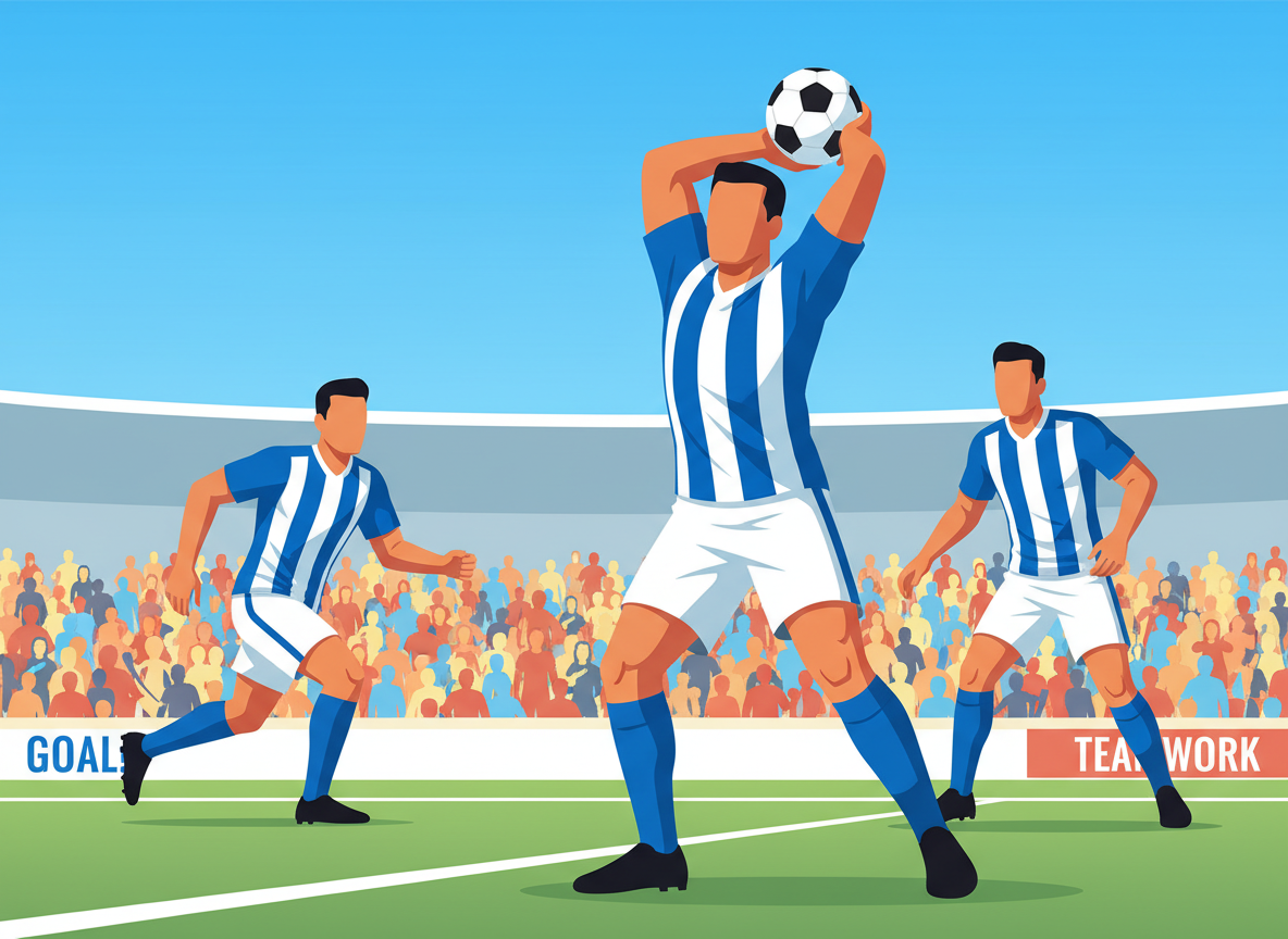 A dynamic scene depicting a tactical soccer throw-in during a game, showcasing players in professional athletic attire, emphasizing energy and teamwork. In the foreground, a focused player prepares to execute a throw-in, their body poised in motion, while teammates are strategically positioned around them, ready to receive the ball. The middle ground captures a vibrant soccer field, complete with marked lines and a cheering crowd blurred in the background, creating a sense of urgency and excitement. The lighting is bright and natural, simulating a sunny day, enhancing the clarity of colors and details in attire. The camera angle is slightly low, emphasizing the action and dynamic play, while the overall atmosphere conveys intensity and focus on tactical game management.