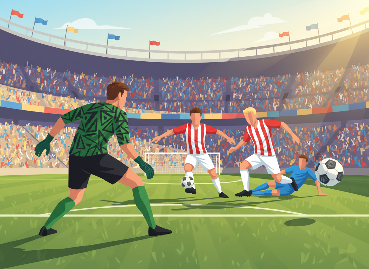 A dynamic scene of a modern football match showcasing tactical adjustments. In the foreground, a goalkeeper, dressed in a modern professional kit, is in an agile pose, ready to react to an incoming ball. In the middle plane, two players engage in a strategic play, one passing the ball while the other makes a swift run, showcasing teamwork and synchronized movement. The background features a vibrant stadium filled with spectators, conveying excitement and energy. The lighting is bright, capturing the afternoon sun, creating dynamic shadows on the field. The lens captures the action from a slightly low angle, emphasizing movement and intensity, while the atmosphere is filled with anticipation and competitive spirit, reflecting the tactical nature of modern football. A dynamic scene of a modern football match showcasing tactical adjustments. In the foreground, a goalkeeper, dressed in a modern professional kit, is in an agile pose, ready to react to an incoming ball. In the middle plane, two players engage in a strategic play, one passing the ball while the other makes a swift run, showcasing teamwork and synchronized movement. The background features a vibrant stadium filled with spectators, conveying excitement and energy. The lighting is bright, capturing the afternoon sun, creating dynamic shadows on the field. The lens captures the action from a slightly low angle, emphasizing movement and intensity, while the atmosphere is filled with anticipation and competitive spirit, reflecting the tactical nature of modern football.