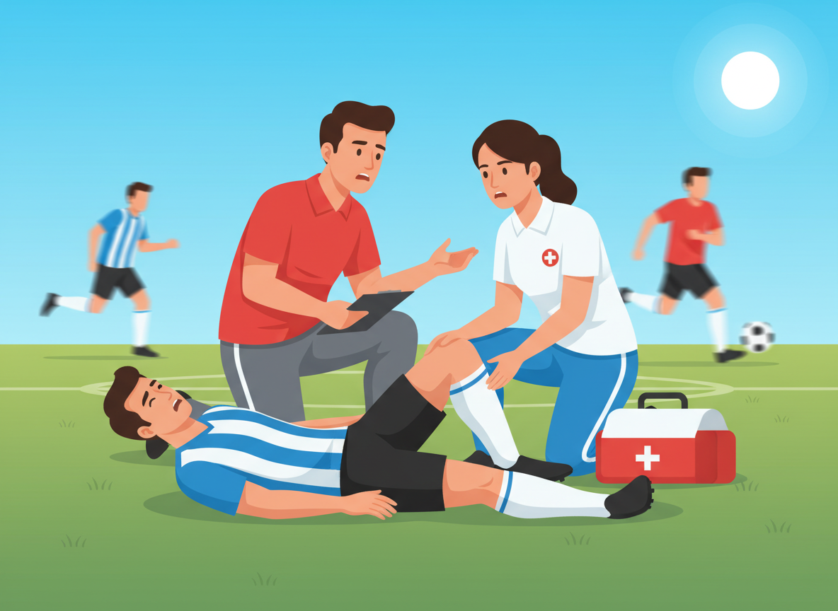 A dynamic soccer scene capturing injury protocols, focusing on a coach and a medical staff member assessing a downed player on the field. The foreground features the player on the grass, demonstrating a realistic injury pose while wearing a standard soccer uniform. In the middle ground, the coach and a medic in professional attire, including a polo shirt and athletic pants, are shown discussing the situation with urgency, emphasizing teamwork and safety. In the background, blurred players continue to engage in the game, suggesting motion and energy. The lighting is bright and natural, as if under a clear sky, creating a vibrant atmosphere. The image conveys a serious yet professional mood, highlighting the importance of player safety in soccer injury stoppage protocols.