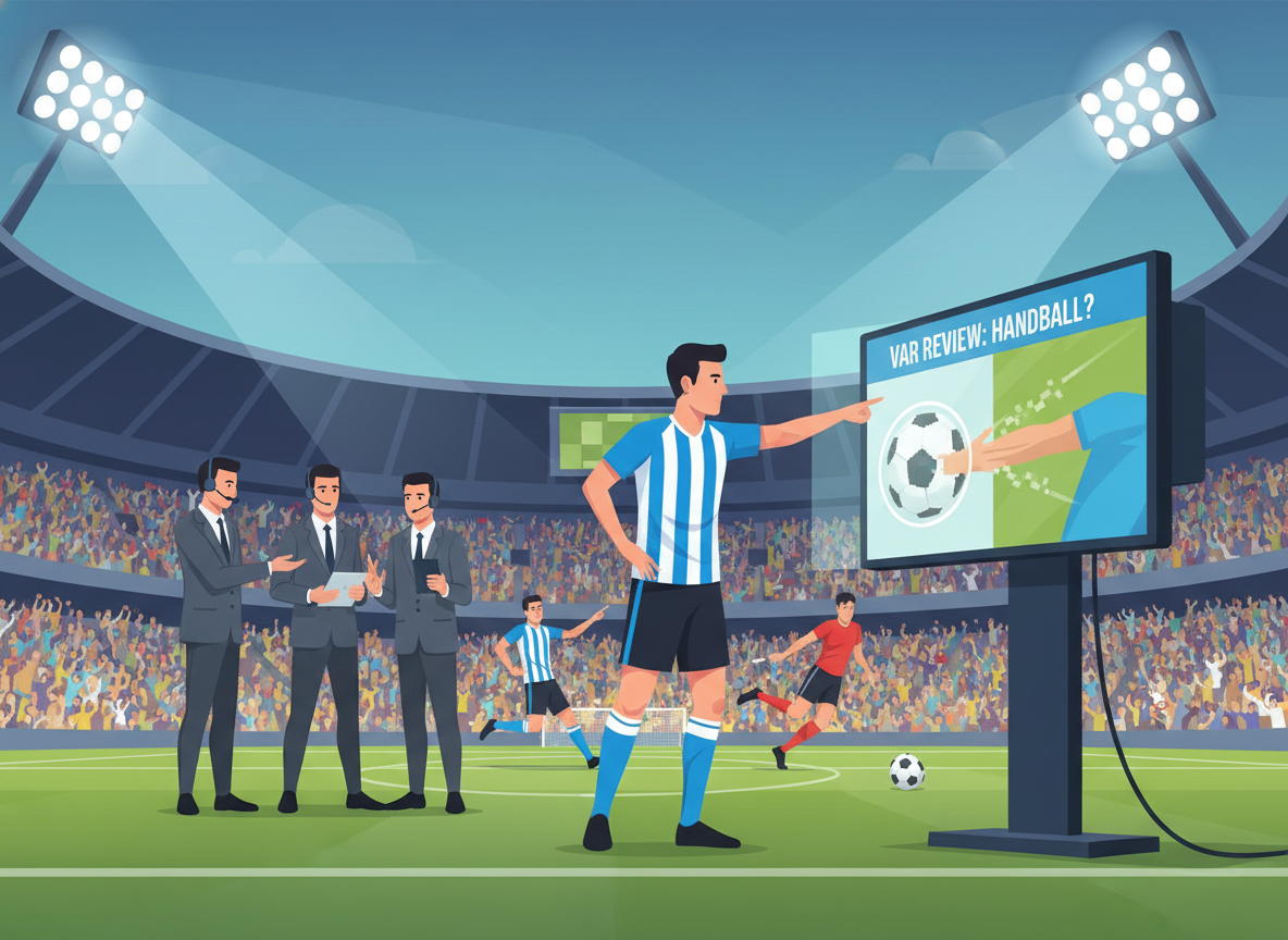 A dynamic soccer scene capturing the moment a player appeals for a VAR review after a potential handball. In the foreground, the soccer player, wearing a professional sports kit, gestures towards the pitchside monitor displaying a VAR replay. The middle ground features a diverse group of officials in professional business attire, intently discussing the review process. The background showcases a lively stadium filled with fans, illuminated by bright stadium lights, creating an atmosphere of tension and anticipation. The image should convey motion and energy, with players in action around the review scene, emphasizing the technological aspect of VAR in shaping game decisions. Use a slight tilt-angle perspective to enhance the dramatic effect, focusing on the energy of the moment while capturing the essence of modern soccer technology. A dynamic soccer scene capturing the moment a player appeals for a VAR review after a potential handball. In the foreground, the soccer player, wearing a professional sports kit, gestures towards the pitchside monitor displaying a VAR replay. The middle ground features a diverse group of officials in professional business attire, intently discussing the review process. The background showcases a lively stadium filled with fans, illuminated by bright stadium lights, creating an atmosphere of tension and anticipation. The image should convey motion and energy, with players in action around the review scene, emphasizing the technological aspect of VAR in shaping game decisions. Use a slight tilt-angle perspective to enhance the dramatic effect, focusing on the energy of the moment while capturing the essence of modern soccer technology.