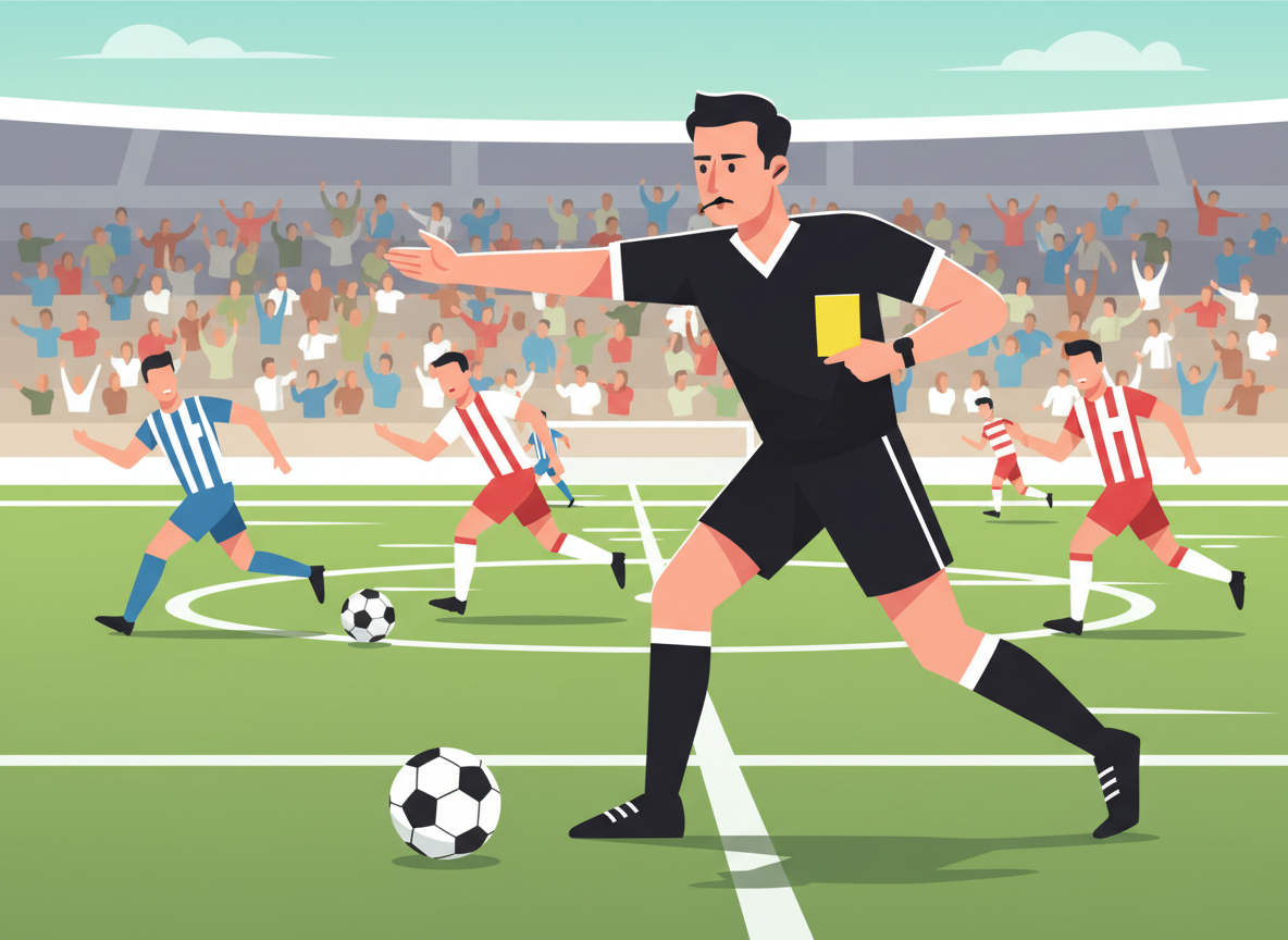 A dynamic soccer scene focused on a referee in the foreground signaling the advantage rule. The referee, dressed in a professional black uniform with a bright yellow card visible, is depicted in mid-motion, raising one arm confidently while maintaining a poised stance. In the middle ground, players from both teams engage energetically, showcasing movement and intensity as they pursue the ball, creating a sense of action and competition. The background features a blurred soccer field with cheering fans, enhancing the atmosphere of excitement. Bright natural lighting illuminates the scene, casting dynamic shadows and adding depth. The angle captures a slightly low perspective, emphasizing the referee's authority and the lively dynamics of the game, while ensuring no faces are close-up.