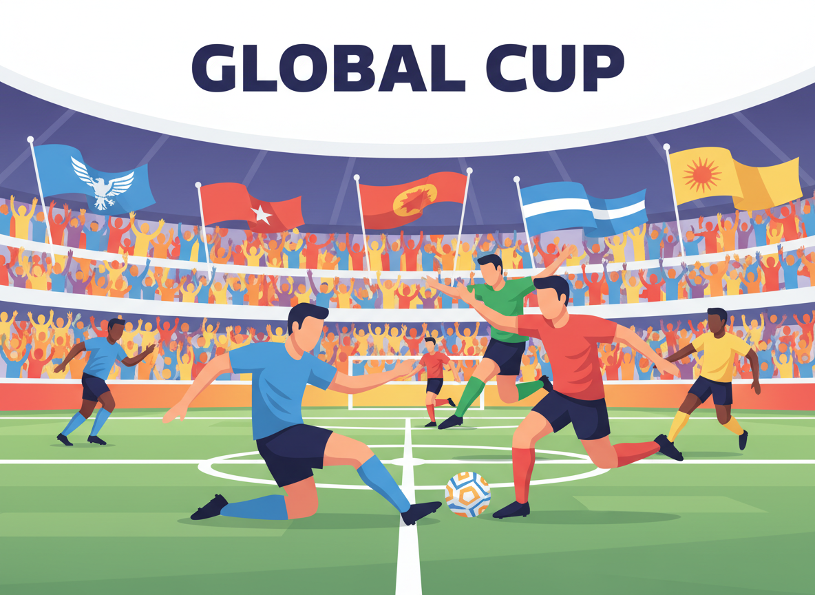 A dynamic soccer scene showcasing national teams competing in a vibrant stadium filled with enthusiastic fans. In the foreground, a diverse group of players in professional kits, depicting motion and energy as they engage in a pivotal moment of play, such as a tackle or a decisive pass. In the middle ground, colorful flags representing different nations wave enthusiastically, adding to the sense of rivalry and excitement. In the background, the grandstands filled with a cheering crowd, creating a lively atmosphere. Soft, natural lighting accentuates the scene, with shadows adding depth. A low-angle perspective captures the intensity of the match while emphasizing the players' athleticism and teamwork. The mood is competitive and spirited, highlighting the impacts of the tournament on national pride and player performance.