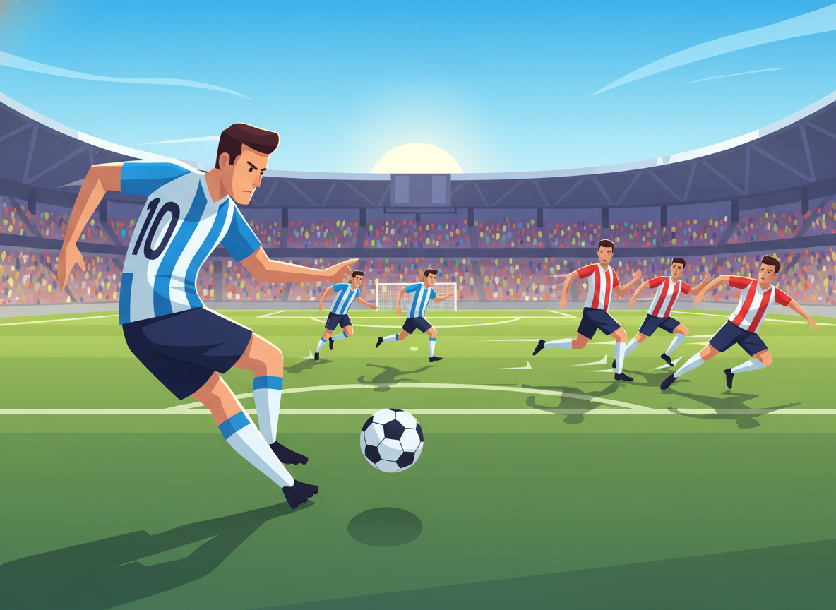 A dynamic soccer scene showcasing the tactical advantages of a quick free kick. In the foreground, a player in a blue jersey prepares to take a rapid free kick, their body angled forward in motion, the ball slightly elevated on the grass. In the middle ground, teammates sprint towards the goal, displaying urgency and focus, while opposing players scramble to reposition defensively. The background features a vibrant soccer field under a clear blue sky, with an enthusiastic crowd creating a lively atmosphere. Use natural lighting to highlight the movement and create dynamic shadows on the field, captured with a slightly low angle to emphasize the action. The mood is intense, filled with energy and strategic anticipation, showcasing the fast-paced nature of the game.