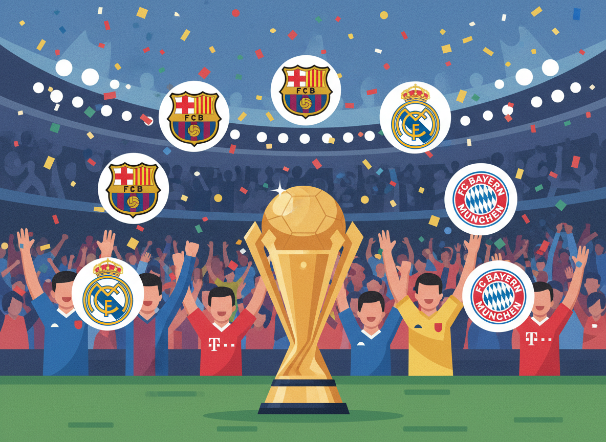 A dynamic, visually striking image depicting a stylized representation of the Club World Cup winners list. In the foreground, a vibrant trophy gleams under soft, focused lighting, symbolizing victory. Surrounding the trophy, icons of famous football clubs like Barcelona, Real Madrid, and Bayern Munich are artistically arranged in a circular pattern, showing a sense of motion and celebration, as if they are rising in honor of their victories. In the middle ground, a blurred crowd of enthusiastic fans, capturing the atmosphere of joy and excitement, is partially visible, raising their hands in celebration, wearing team colors. The background features a stadium filled with cheering fans and confetti cascading down, creating a festive mood. The overall composition conveys a sense of history, pride, and triumphant energy in the realm of football.