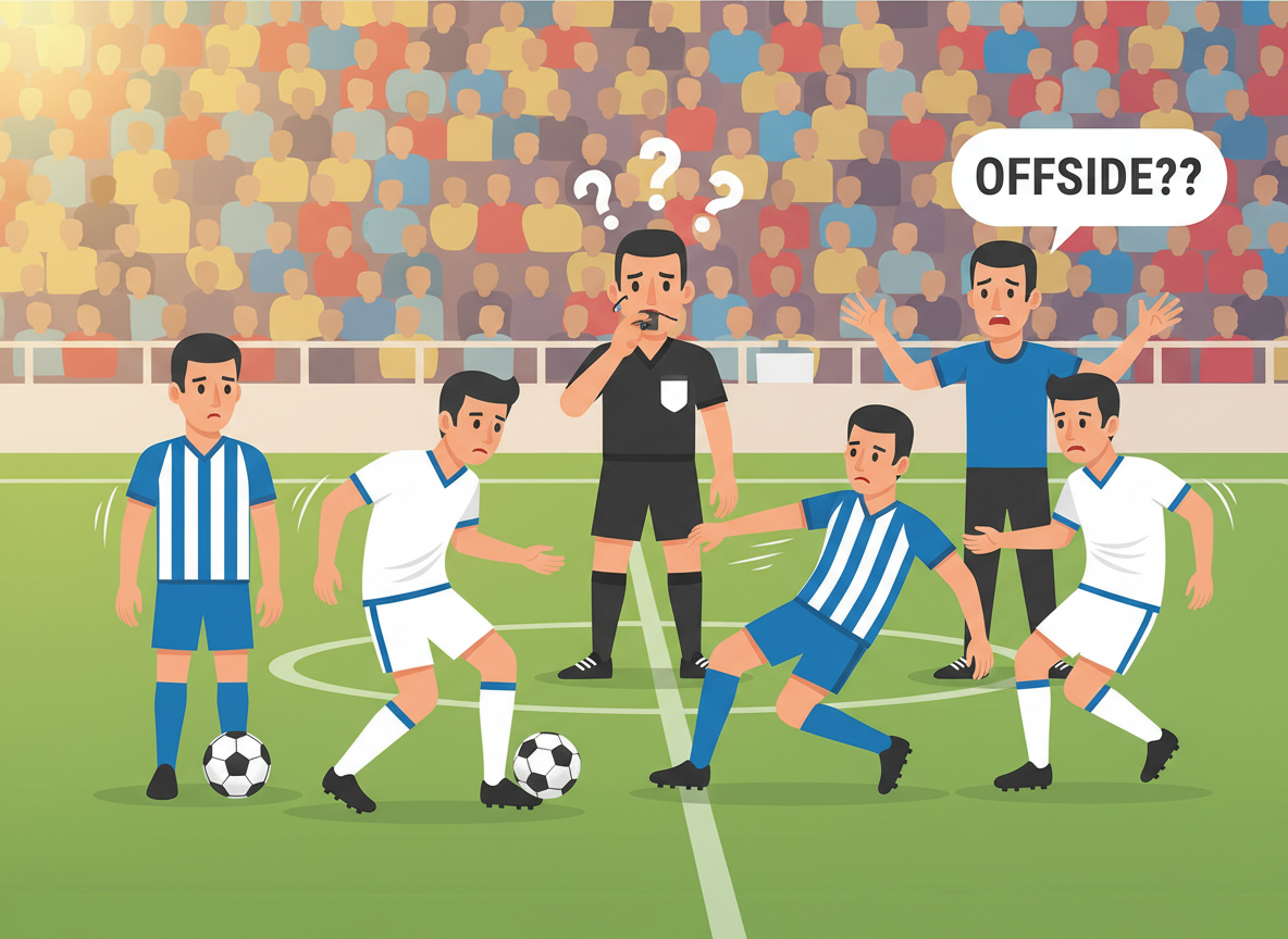 A soccer scene capturing common misconceptions about back passes during a match. In the foreground, a diverse group of players, dressed in professional soccer kit, demonstrates incorrect back-pass techniques — one player hesitates while another prepares to intercept. In the middle ground, a referee observes with a contemplative expression, alongside a coach gesturing with a clipboard, illustrating confusion over the rules. The background features a blurry crowd in the stands, creating an atmosphere of excitement and tension. Dynamic motion is conveyed through the players' postures and the trajectory of the ball. The lighting is bright and vibrant, typical of a daytime game, emphasizing the energy and urgency of the moment. The viewpoint is slightly elevated, offering a broader perspective of the field. A soccer scene capturing common misconceptions about back passes during a match. In the foreground, a diverse group of players, dressed in professional soccer kit, demonstrates incorrect back-pass techniques — one player hesitates while another prepares to intercept. In the middle ground, a referee observes with a contemplative expression, alongside a coach gesturing with a clipboard, illustrating confusion over the rules. The background features a blurry crowd in the stands, creating an atmosphere of excitement and tension. Dynamic motion is conveyed through the players' postures and the trajectory of the ball. The lighting is bright and vibrant, typical of a daytime game, emphasizing the energy and urgency of the moment. The viewpoint is slightly elevated, offering a broader perspective of the field.