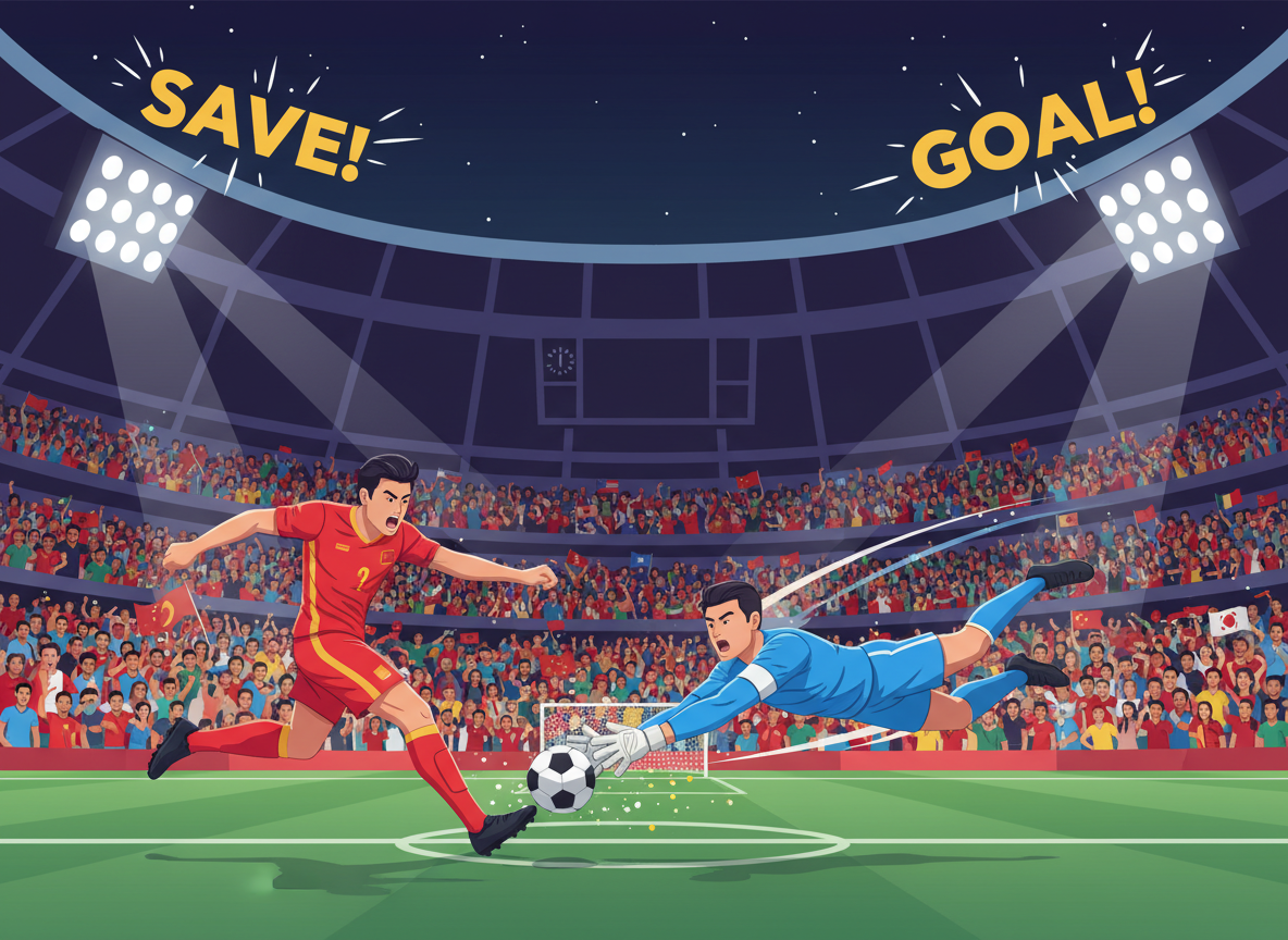 A thrilling moment in a dramatic Asian Cup match, capturing players in mid-action as they engage in a nail-biting penalty shootout. Foreground: two players in colorful national team uniforms, one striking the ball with intense focus, while the goalkeeper dives to the side in an impressive save attempt. Middle ground: a tense crowd in a stadium, showcasing diverse fans’ expressions of anticipation and excitement, waving flags and wearing team colors. Background: a vibrant stadium lit with dramatic spotlights, enhancing the atmosphere of suspense. The scene is infused with energy and emotion, emphasizing the adrenaline of last-minute plays. Use a wide-angle lens to capture the expansive view of the stadium, with dynamic lighting casting shadows that heighten the intensity of the moment. A thrilling moment in a dramatic Asian Cup match, capturing players in mid-action as they engage in a nail-biting penalty shootout. Foreground: two players in colorful national team uniforms, one striking the ball with intense focus, while the goalkeeper dives to the side in an impressive save attempt. Middle ground: a tense crowd in a stadium, showcasing diverse fans’ expressions of anticipation and excitement, waving flags and wearing team colors. Background: a vibrant stadium lit with dramatic spotlights, enhancing the atmosphere of suspense. The scene is infused with energy and emotion, emphasizing the adrenaline of last-minute plays. Use a wide-angle lens to capture the expansive view of the stadium, with dynamic lighting casting shadows that heighten the intensity of the moment.