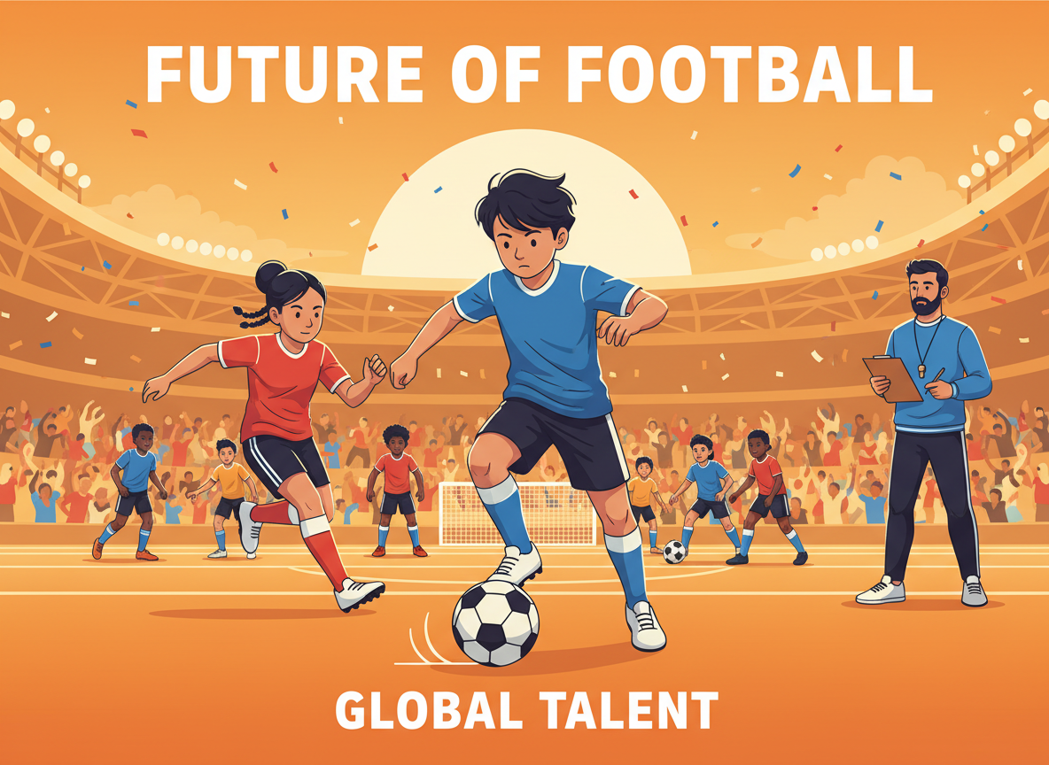 A vibrant football field setting where young players, dressed in professional and modest athletic wear, are engaged in a dynamic practice session. In the foreground, a young player skillfully dribbles the ball, showcasing agility and determination, while another player makes a swift move to intercept. In the middle ground, a coach observes closely, clipboard in hand, highlighting an analytical approach to youth development. The background features a cheering crowd, creating an atmosphere of excitement and aspiration. The lighting is warm and energetic, capturing the golden hour glow, with a wide-angle lens that emphasizes the motion and intensity of the moment. The mood is optimistic and forward-looking, symbolizing the future of youth football and market potential emerging from talented young athletes.