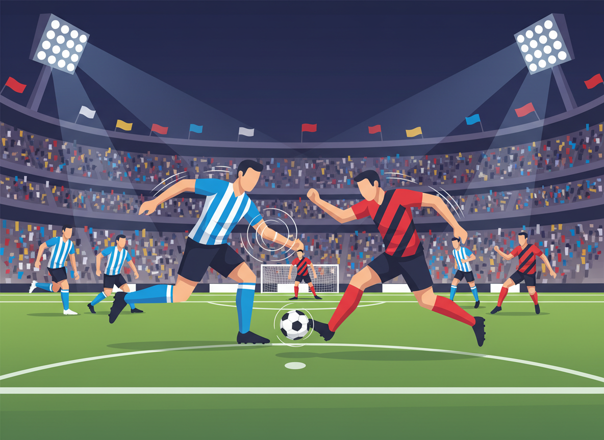 A vibrant scene capturing the dynamics of a soccer group stage match, showcasing players in motion on a grass field. In the foreground, two teams, dressed in distinct uniforms, engage in an intense play as they fight for the ball. One player makes a strategic pass while another prepares to intercept, illustrating teamwork and competition. In the middle ground, teammates are positioned strategically, embodying strategies for advancing or defending. The background features a packed stadium filled with enthusiastic fans waving flags and cheering, under bright floodlights that create a lively atmosphere. The image is shot from a low angle, emphasizing the players’ athleticism, with a focus on movement and energy, highlighted by the motion blur of the players' actions, conveying excitement and the stakes of the game.