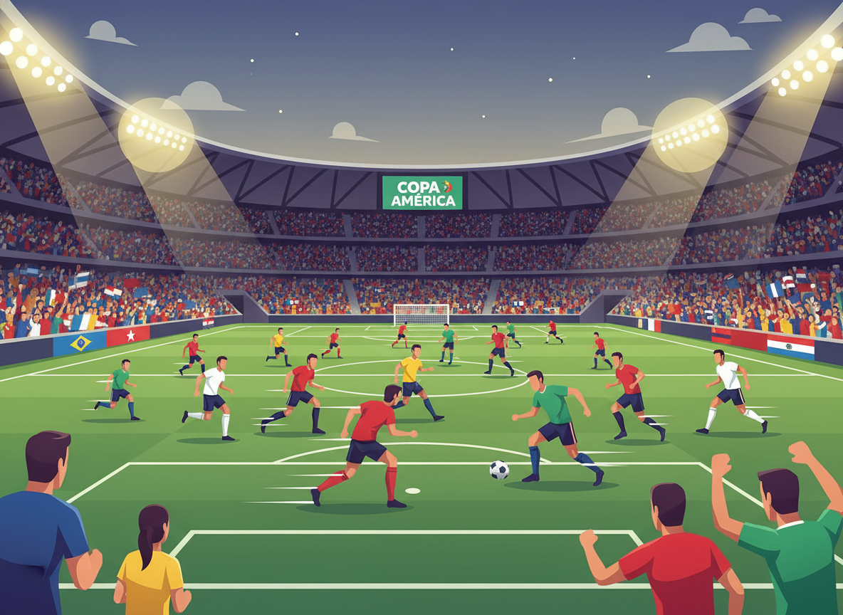 A vibrant scene capturing the modern dynamics of the Copa America tournament, featuring spirited soccer players in professional athletic gear engaged in an intense match on a green pitch. In the foreground, a diverse group of players, skillfully dribbling and passing the ball, exudes energy and determination. In the middle ground, enthusiastic fans clad in colorful jerseys wave flags, adding to the lively atmosphere. Surrounding the field, illuminated stadium lights create a vivid, inviting glow, enhancing the excitement of the moment. The background showcases a filled stadium, creating a panoramic view of passionate spectators. The image should convey a sense of movement, teamwork, and competition, highlighting the evolution of the tournament in a contemporary setting, while maintaining a focus on the athletes without close-up faces or distractions.