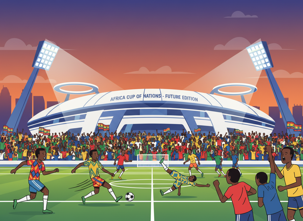 A vibrant scene depicting the future of the Africa Cup of Nations tournament, showcasing a dynamic soccer match in a modern, expansive stadium filled with cheering fans. In the foreground, players are in motion, skillfully dribbling the ball and executing agile plays, all dressed in professional soccer gear. The middle ground features enthusiastic spectators waving flags and wearing team colors, embodying excitement and unity. The background reveals a futuristic stadium design, with innovative architecture and high-tech features, illuminated by bright floodlights. The atmosphere is energetic, capturing the passion of African soccer, with a dusk sky painted in hues of orange and purple. The overall composition conveys a sense of progress and celebration, emphasizing the tournament’s evolution. A vibrant scene depicting the future of the Africa Cup of Nations tournament, showcasing a dynamic soccer match in a modern, expansive stadium filled with cheering fans. In the foreground, players are in motion, skillfully dribbling the ball and executing agile plays, all dressed in professional soccer gear. The middle ground features enthusiastic spectators waving flags and wearing team colors, embodying excitement and unity. The background reveals a futuristic stadium design, with innovative architecture and high-tech features, illuminated by bright floodlights. The atmosphere is energetic, capturing the passion of African soccer, with a dusk sky painted in hues of orange and purple. The overall composition conveys a sense of progress and celebration, emphasizing the tournament’s evolution.