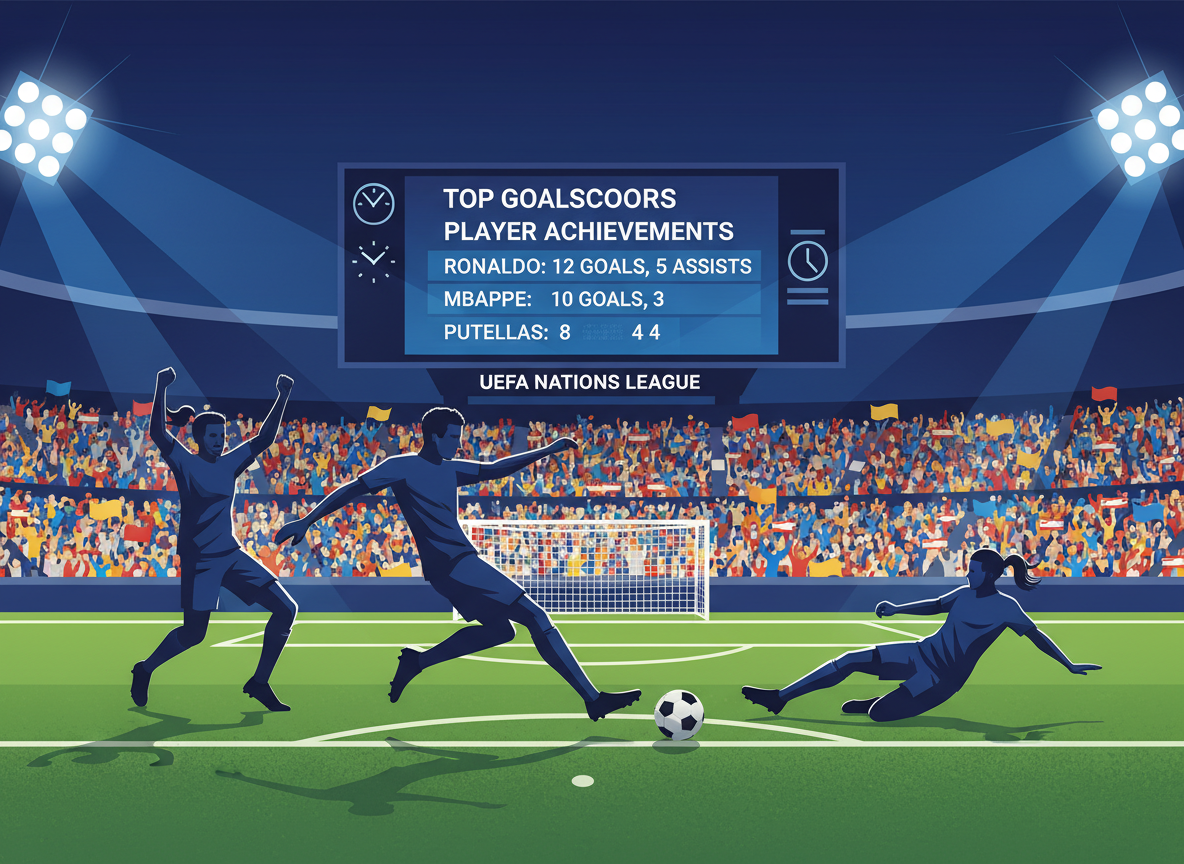 An action-packed scene illustrating top goalscorers and notable player achievements in the UEFA Nations League. In the foreground, dynamic silhouettes of diverse male and female soccer players in professional athletic gear, energetically engaged in a game, showcasing their skills in motion — kicking a ball, celebrating a goal, or making a key play. In the middle ground, the vibrant stadium filled with cheering fans, waving flags, and vibrant colors that amplify the excitement. The background features a large scoreboard displaying impressive statistics like goals and assists, set against a dramatic night sky with stadium lights glowing bright, creating an exhilarating atmosphere. The overall mood is energetic and inspiring, reflecting the competitive spirit of the tournament.