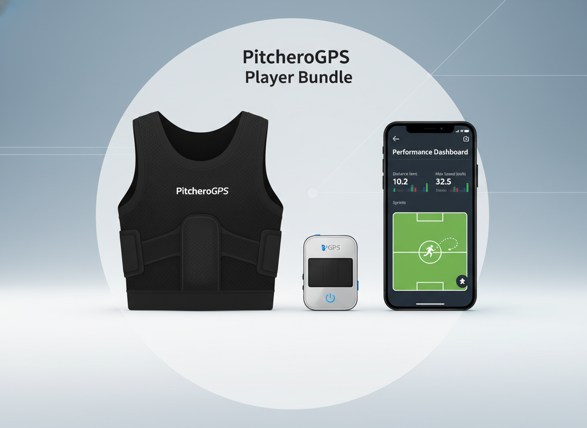 A PitcheroGPS player bundle displayed on a clean surface, featuring the small GPS unit, a black breathable compression vest, and a smartphone showing a performance dashboard.