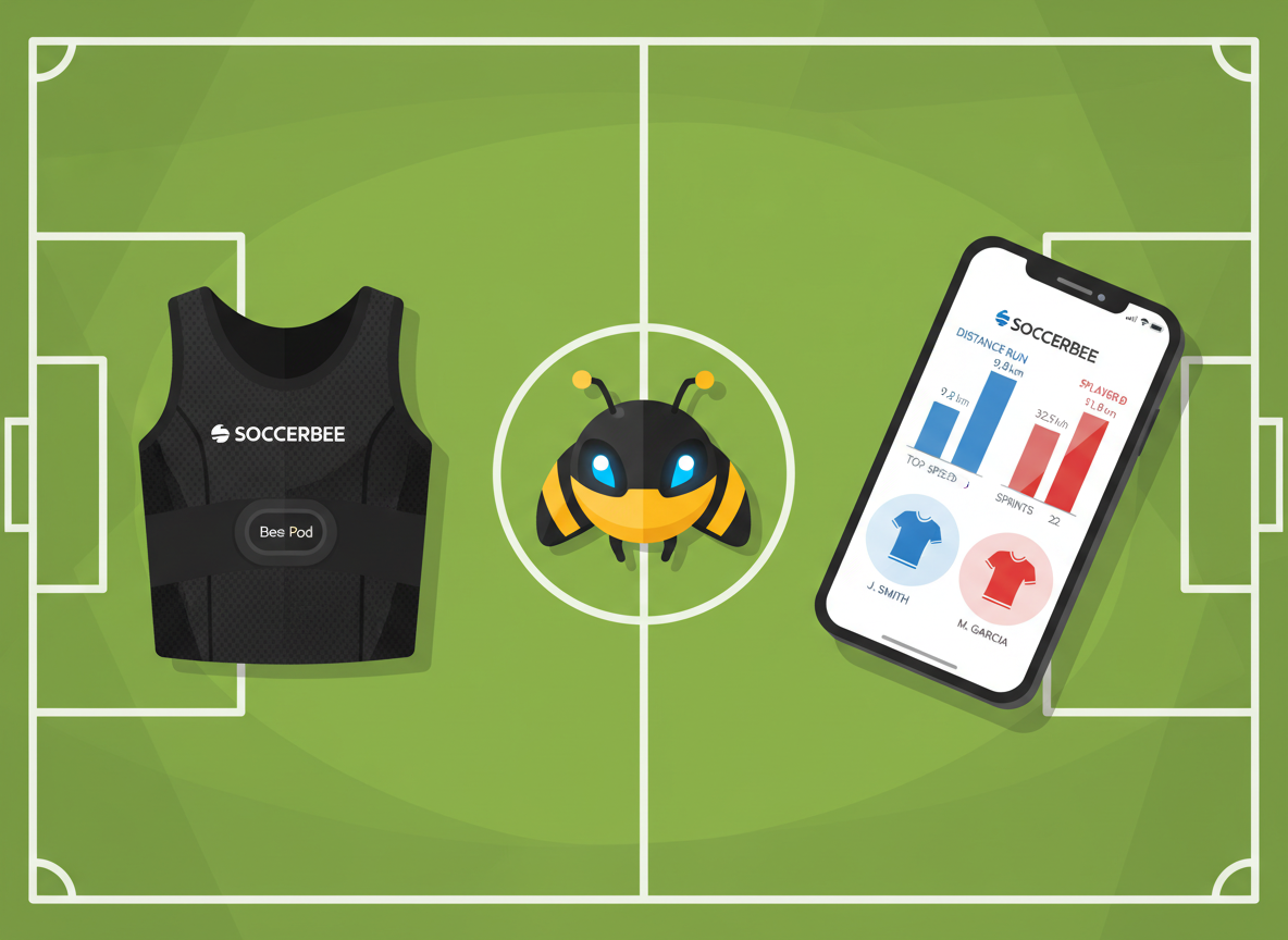 A SOCCERBEE BEE pod and a black performance vest placed on a soccer field grass, a smartphone next to it displaying a real-time data comparison chart between two players, bright daylight, 8k resolution.