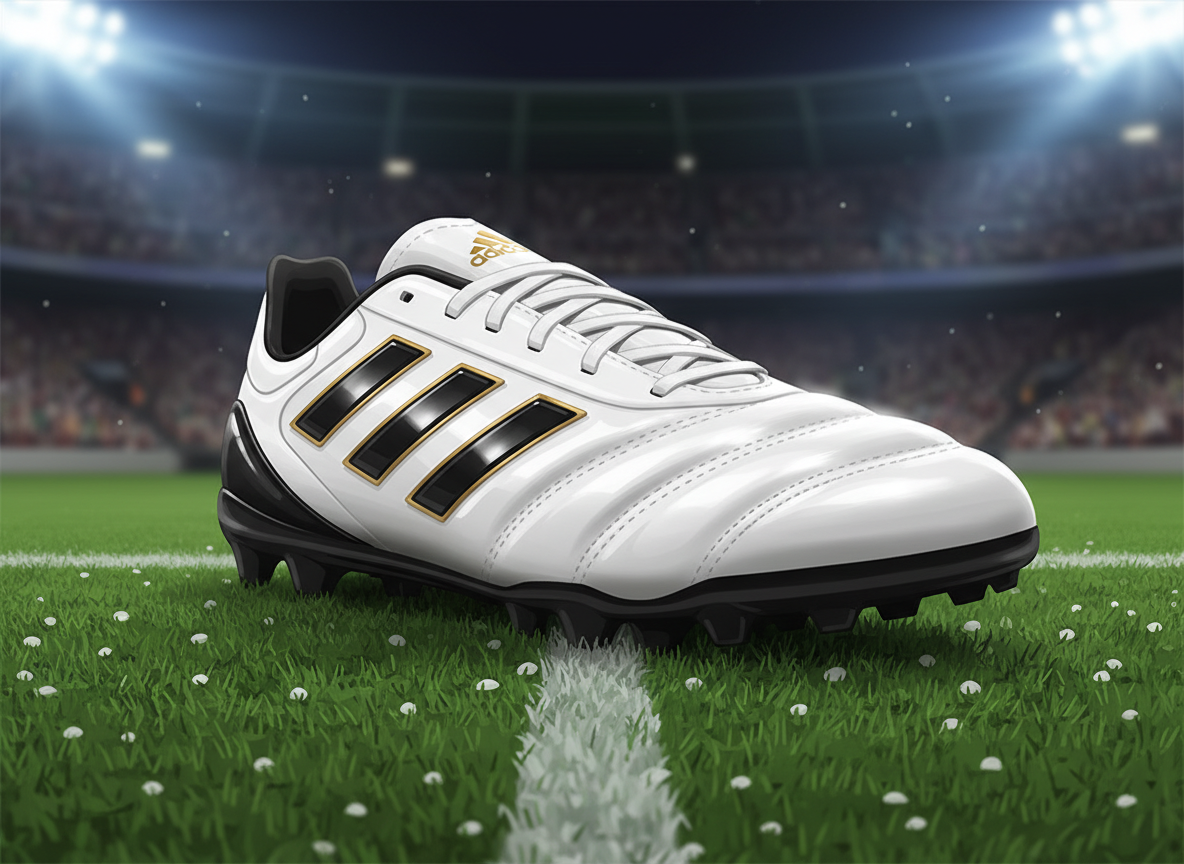 A cinematic, high-detail product shot of the Adidas Copa Pure turf soccer cleats, focusing on the white and black Fusionskin leather upper with subtle gold accents, resting on a high-quality 3G artificial turf surface with stadium lights reflecting off the leather texture. A cinematic, high-detail product shot of the Adidas Copa Pure turf soccer cleats, focusing on the white and black Fusionskin leather upper with subtle gold accents, resting on a high-quality 3G artificial turf surface with stadium lights reflecting off the leather texture.