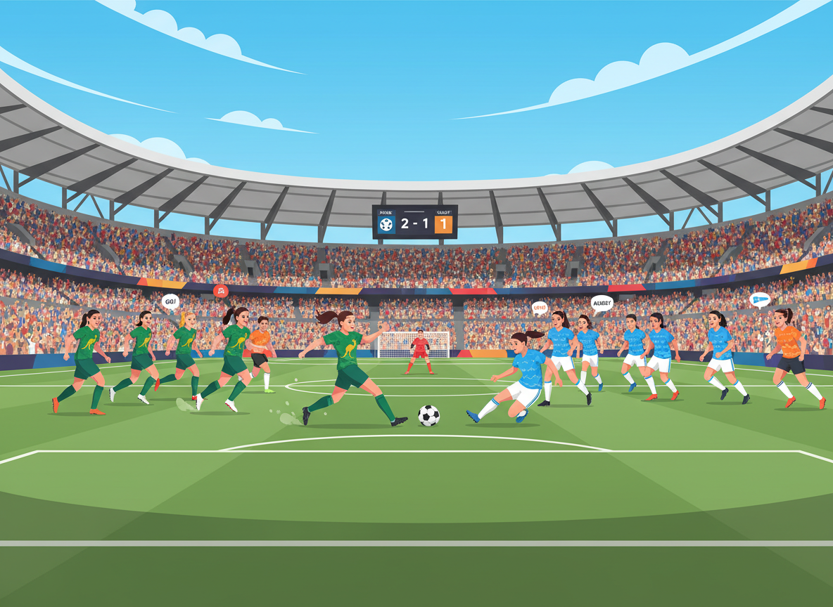 A cinematic shot of a professional women's soccer match in a modern Australian stadium, bright daylight, players in vibrant kits, cheering crowd in the background, high resolution, sports photography style. A cinematic shot of a professional women's soccer match in a modern Australian stadium, bright daylight, players in vibrant kits, cheering crowd in the background, high resolution, sports photography style.