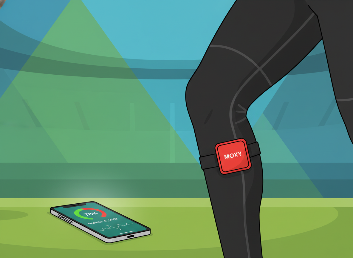 A compact, square muscle oxygen sensor clipped onto a player's calf muscle over sports leggings, with a smartphone nearby displaying a real-time oxygenation level gauge.