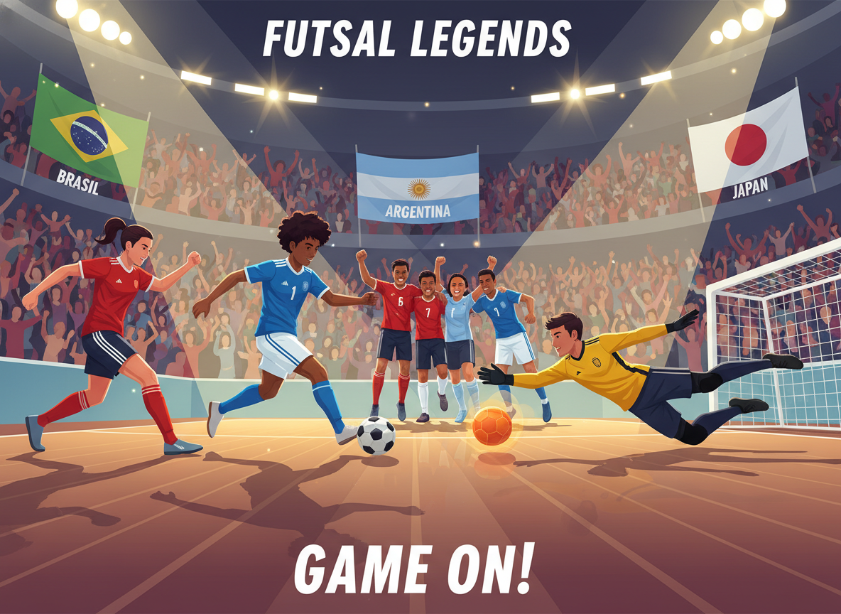 A dynamic futsal scene capturing legendary players and goalkeepers in action on the court. In the foreground, a diverse group of male and female players showcases athleticism and skill: one player dribbling the ball with intense focus, another preparing for a powerful kick, and a goalkeeper diving spectacularly to block the shot. The middle ground features teammates celebrating a goal, highlighting their camaraderie and spirit. The background depicts a cheering crowd, with banners representing different countries, creating an atmosphere of excitement. Use dramatic lighting that emphasizes movement, with shadows playing across the polished wooden floor. Capture the image from a low angle, enhancing the urgency and energy of the game. The overall mood should be vibrant, energetic, and passionate, showcasing the impact of these legendary athletes in futsal.