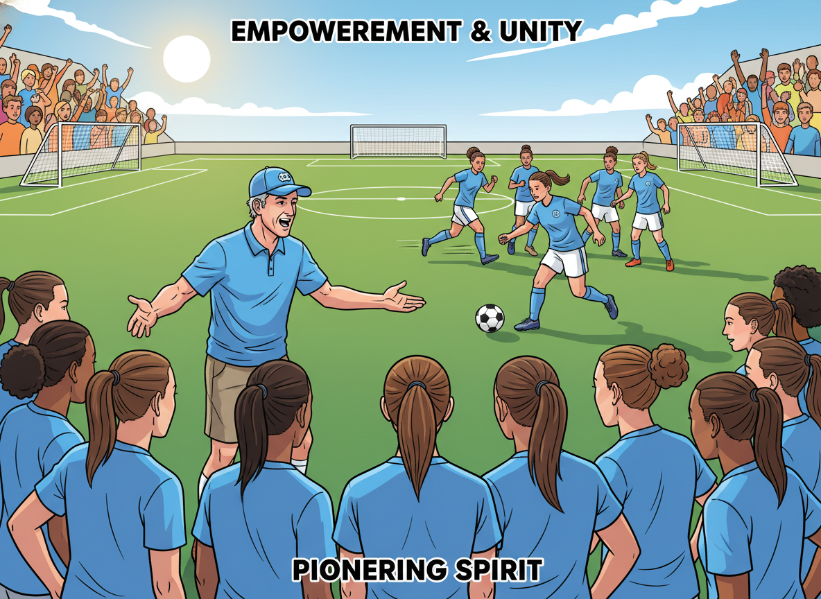 A dynamic scene capturing Anson Dorrance on the soccer field, showcasing his passionate coaching style. In the foreground, he gestures energetically to a group of diverse female athletes in professional sports attire, illustrating teamwork and motivation. The middle ground features players engaging in an intense practice drill, with a soccer ball in motion and vibrant expressions of determination. The background showcases a sunny, expansive soccer field with goalposts and cheering fans, enhancing the lively atmosphere. The lighting is bright and uplifting, casting soft shadows, while the angle is slightly low, emphasizing action. The overall mood conveys empowerment, unity, and the pioneering spirit of women's soccer.