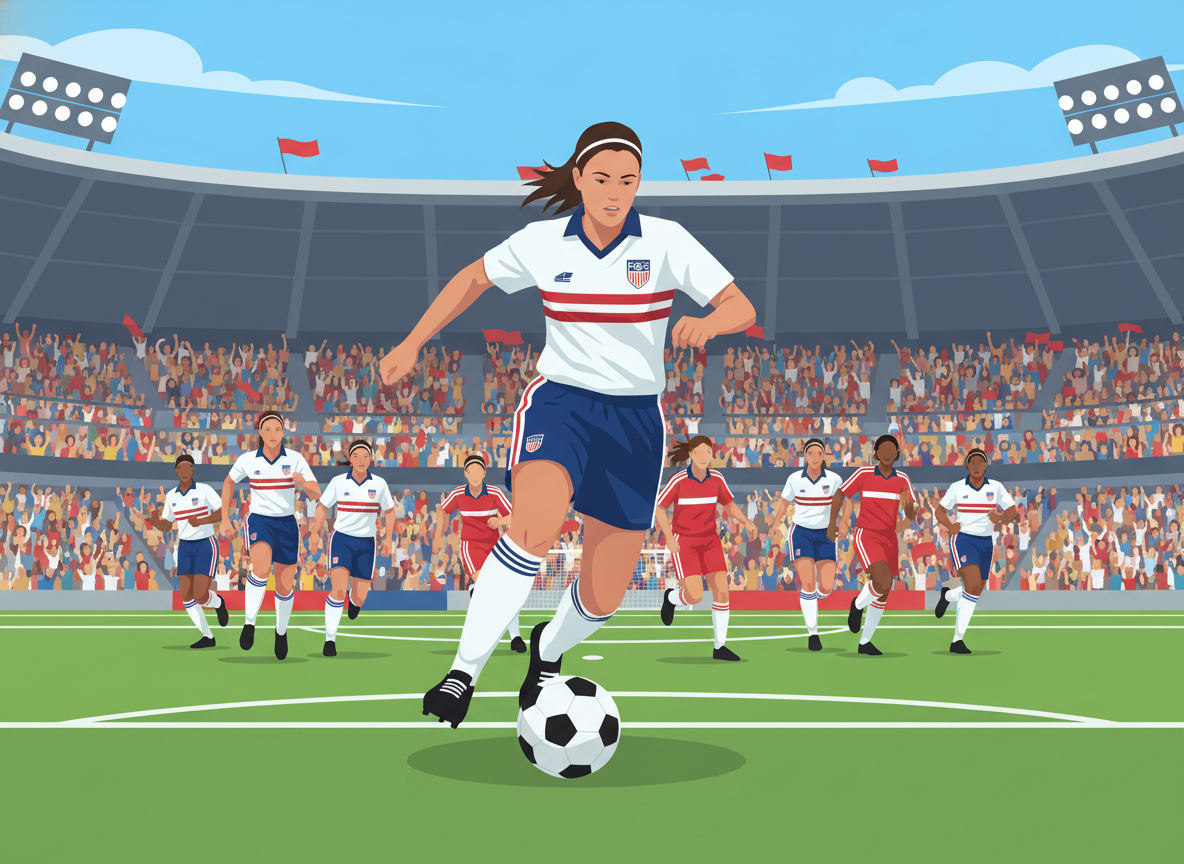 A dynamic scene capturing Julie Foudy, the iconic USWNT midfielder, in action during a pivotal moment on the soccer field. The foreground features Julie dribbling the ball skillfully, wearing a classic USWNT jersey paired with modest athletic shorts and cleats, showcasing her physical prowess. In the middle ground, teammates and opponents engage, their movements animated, displaying the intensity of a competitive game. The background reveals a vibrant soccer stadium filled with cheering fans, their excitement palpable. The lighting is bright and clear, casting natural shadows that enhance the motion. Capture this moment from a slightly low angle to emphasize the action and energy of the midfield maestro in play, conveying the spirit of women's soccer.