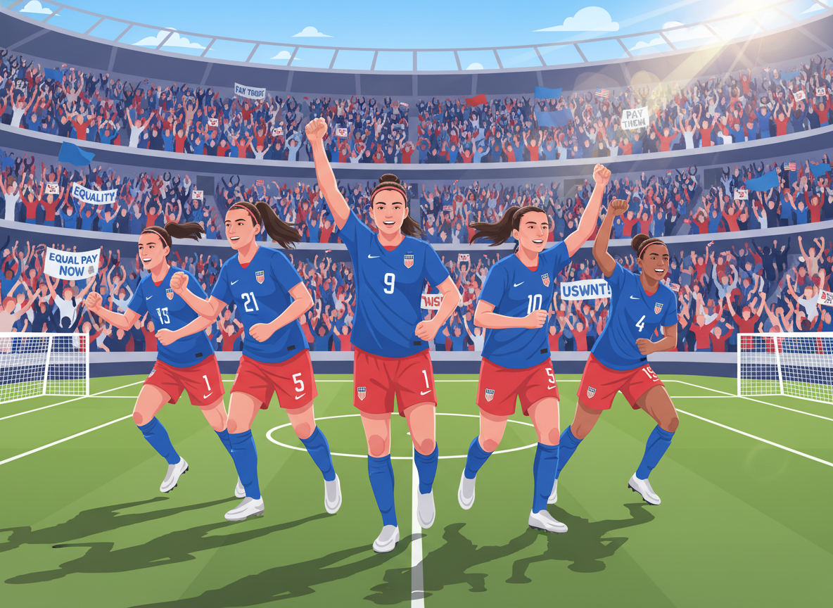 A dynamic scene depicting USWNT players in professional athletic gear, standing together with determined expressions on their faces, conveying a sense of strength and unity. They are positioned in the foreground, striking powerful poses that indicate motion and energy, showcasing their athleticism. The middle ground features a soccer field with goalposts and cheering supporters, reinforcing the atmosphere of a vibrant sports event. The background presents a stadium filled with fans, waving banners in support of equal pay. The lighting is bright and vibrant, capturing the excitement of the moment, with a slight lens flare effect to enhance the energy. The overall mood is one of empowerment and determination, emphasizing the ongoing fight for equal pay in women’s soccer. A dynamic scene depicting USWNT players in professional athletic gear, standing together with determined expressions on their faces, conveying a sense of strength and unity. They are positioned in the foreground, striking powerful poses that indicate motion and energy, showcasing their athleticism. The middle ground features a soccer field with goalposts and cheering supporters, reinforcing the atmosphere of a vibrant sports event. The background presents a stadium filled with fans, waving banners in support of equal pay. The lighting is bright and vibrant, capturing the excitement of the moment, with a slight lens flare effect to enhance the energy. The overall mood is one of empowerment and determination, emphasizing the ongoing fight for equal pay in women’s soccer.
