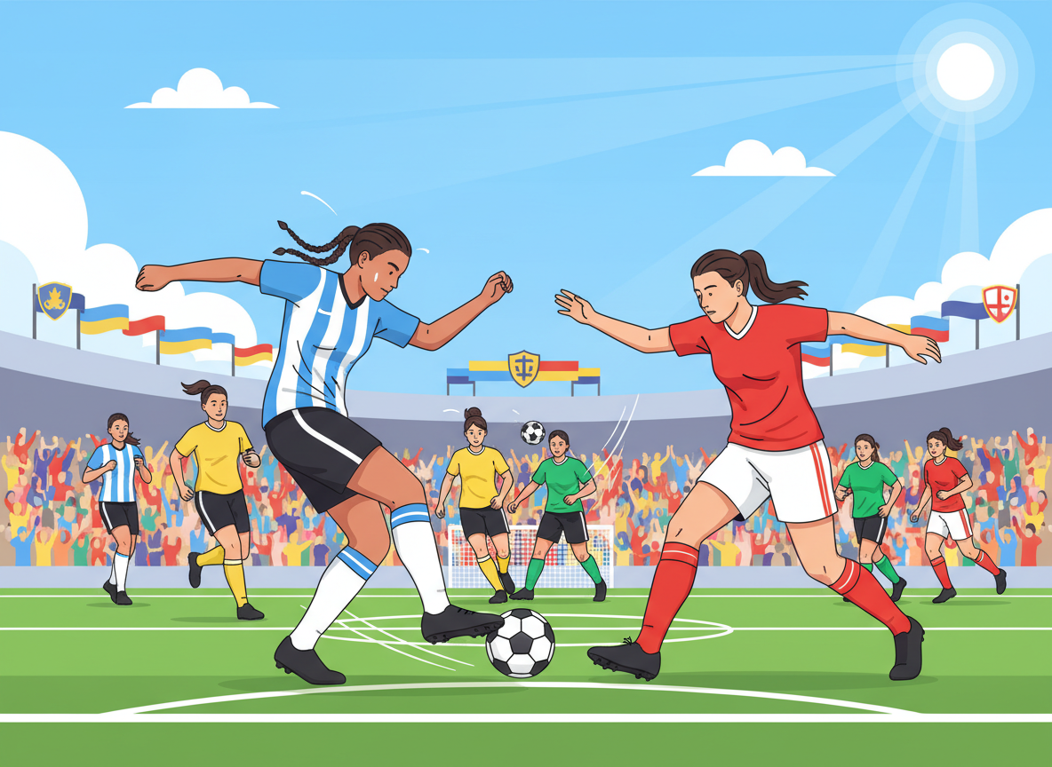 A dynamic scene from a women's soccer league competition, capturing the energy and intensity of the game. In the foreground, two female players in professional soccer uniforms are engaged in a fierce battle for the ball, showcasing their athleticism and determination. One player executes a powerful kick while the other defends strongly. The middle ground includes teammates and opponents in motion, illustrating a variety of plays and positions, with a rich display of jerseys in vibrant colors. In the background, a cheering crowd in a bright stadium filled with banners and flags adds an atmosphere of excitement. The lighting is bright and natural, emphasizing the players' movements against a sunny day sky. The angle is slightly low to enhance the intensity of the competition, creating a sense of action and competitiveness. A dynamic scene from a women's soccer league competition, capturing the energy and intensity of the game. In the foreground, two female players in professional soccer uniforms are engaged in a fierce battle for the ball, showcasing their athleticism and determination. One player executes a powerful kick while the other defends strongly. The middle ground includes teammates and opponents in motion, illustrating a variety of plays and positions, with a rich display of jerseys in vibrant colors. In the background, a cheering crowd in a bright stadium filled with banners and flags adds an atmosphere of excitement. The lighting is bright and natural, emphasizing the players' movements against a sunny day sky. The angle is slightly low to enhance the intensity of the competition, creating a sense of action and competitiveness.