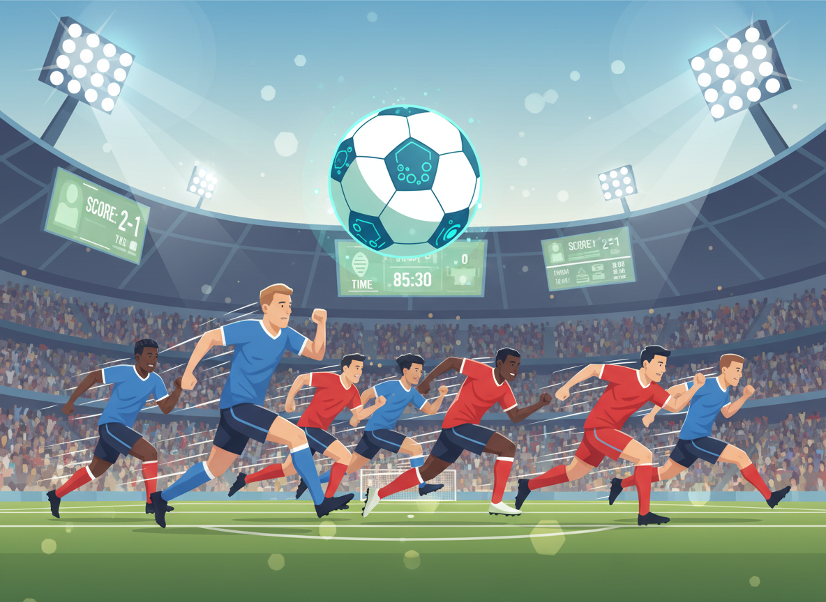 A dynamic scene of a professional soccer match, capturing the intense action of players in motion on the field. In the foreground, focus on a mid-air soccer ball with embedded high-tech sensors, glowing subtly to represent advanced technology. The middle ground showcases a diverse group of players in professional soccer attire, energetically chasing the ball, with their bodies conveying strength and motion. The background features a packed stadium with vibrant LED screens displaying match statistics, illuminated by bright stadium lights, enhancing the atmosphere. The angle should be slightly elevated, emphasizing the excitement and energy of the game while capturing motion blur of the players to convey speed. The overall mood is electrifying and high-tech, highlighting the integration of smart technology into sports.