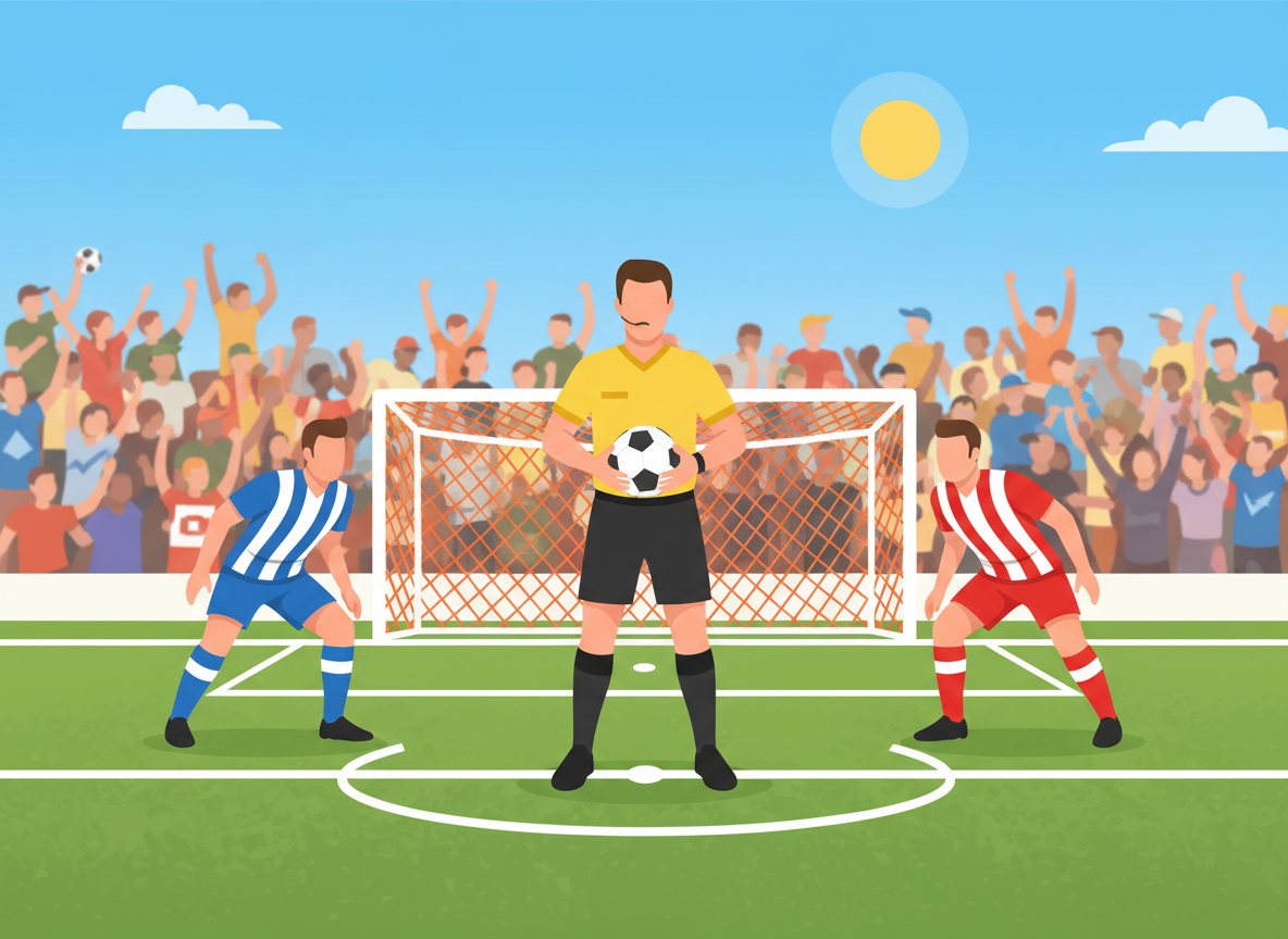 A dynamic soccer field scene focused on a penalty area restart, capturing the essence of the new drop ball rules. In the foreground, a referee in a bright yellow jersey confidently holds the ball at waist height, signaling the start of play. Nearby, two players in matching team kits are positioned in an athletic stance, ready to engage with focus and determination. The middle ground features the goalpost with a vibrant net and painted lines marking the penalty area, accentuating the importance of the moment. In the background, a cheering crowd in soft focus adds an energetic atmosphere, under a bright, sunny sky. The image is bathed in natural light, emphasizing the vivid colors of the players’ uniforms and the lush green grass, conveying excitement and anticipation in this pivotal moment of the game.