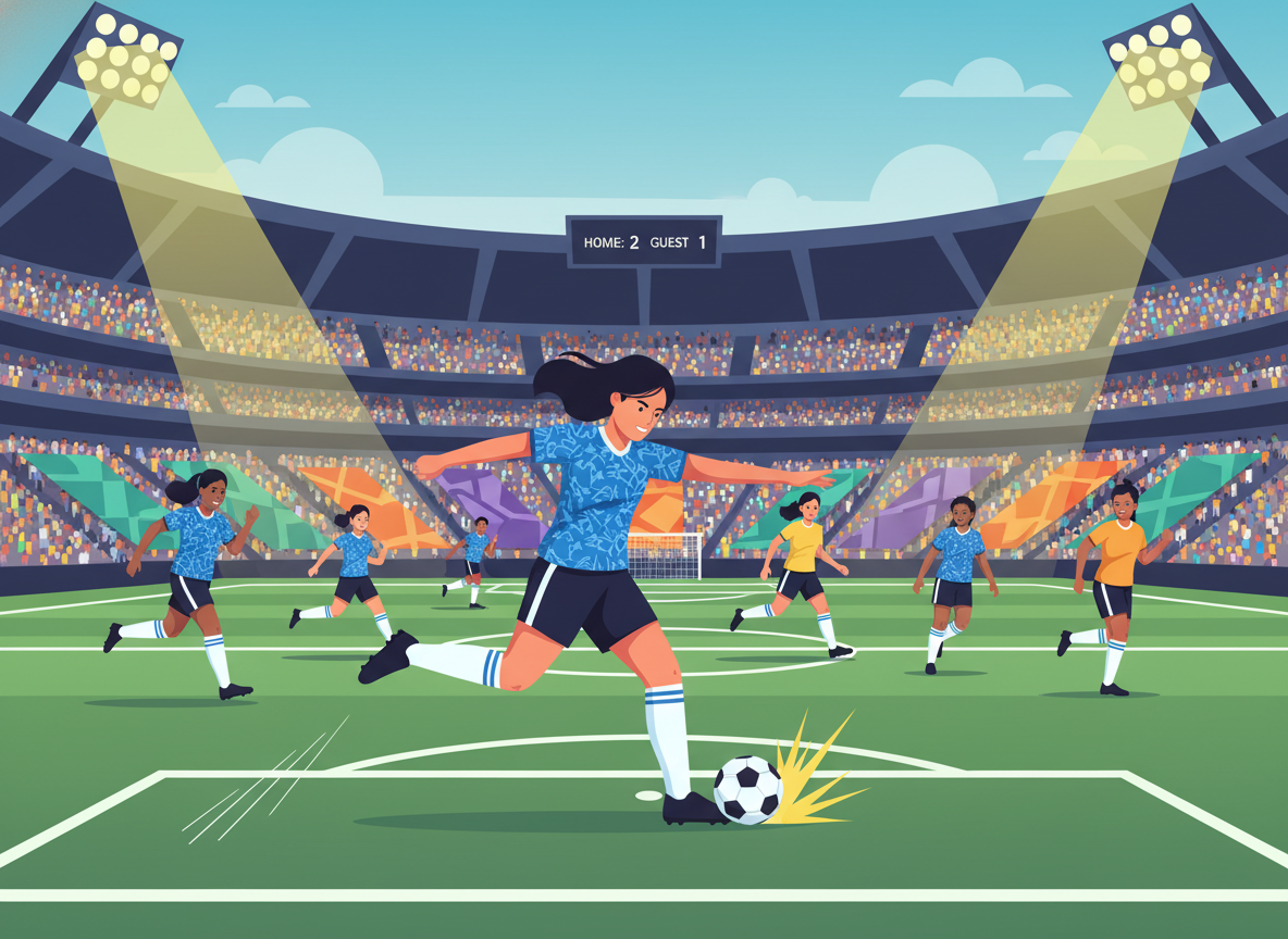 A dynamic soccer field scene showcasing a women's professional soccer match in action, featuring diverse athletes in coordinated uniforms showcasing their skills. In the foreground, a player executes a powerful kick, her hair in motion, embodying energy and determination. The middle ground includes cheering fans holding banners that represent various corporate brands investing in women's soccer, subtly indicating their support without showing logos. The background depicts a vibrant stadium filled with enthusiastic supporters, bright stadium lights illuminating the scene, creating a sense of excitement. The atmosphere is electric, filled with anticipation and celebration of women’s empowerment in sports. Shot from a slightly elevated angle to capture the breadth of the field and fans, with a focus on motion and teamwork.