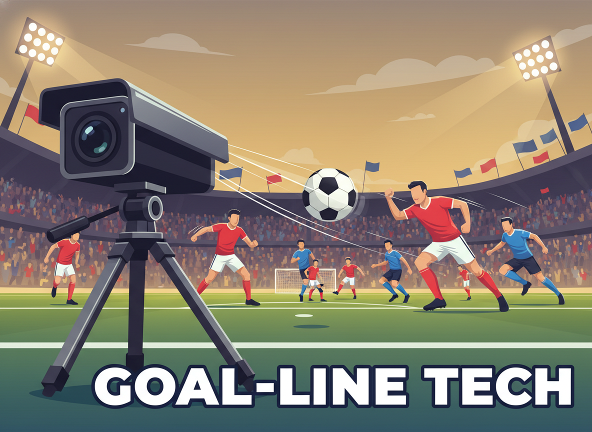 A dynamic soccer scene showcasing goal line technology cameras in action. In the foreground, a sleek black and silver camera mounted on a stable tripod captures the thrilling moment as a soccer ball hurls towards the goal line. The middle ground features players in vibrant team jerseys, beautifully animated with energy and motion, as they compete fiercely for possession of the ball. The background exhibits a packed stadium filled with enthusiastic fans, with floodlights shining brightly, casting dramatic shadows. The atmosphere is charged with excitement, spotlighting the technology’s role in ensuring the accuracy of goals. The angle is low, focusing on the camera's lens aligned parallel to the goal line, accentuating the precision and importance of the technology in the beautiful game.