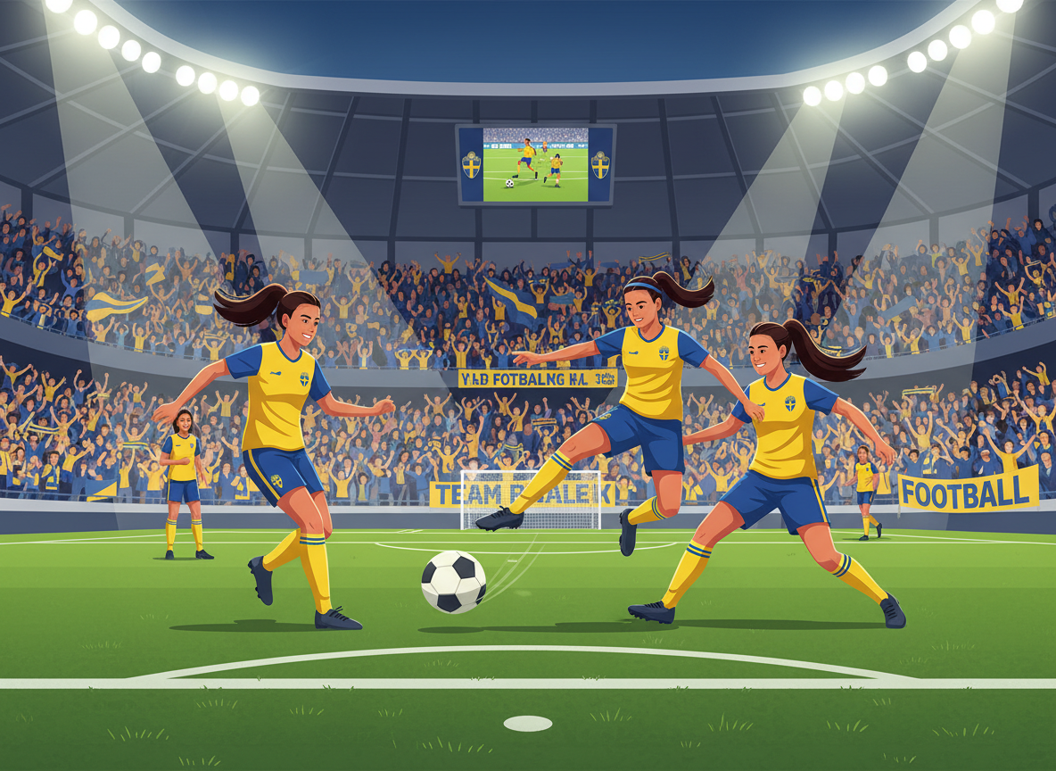 A dynamic wide-angle shot of a Damallsvenskan soccer match in Sweden, featuring elite female athletes in action under bright stadium lights, with passionate fans in the background holding blue and yellow scarves, captured in a realistic cinematic style. A dynamic wide-angle shot of a Damallsvenskan soccer match in Sweden, featuring elite female athletes in action under bright stadium lights, with passionate fans in the background holding blue and yellow scarves, captured in a realistic cinematic style.