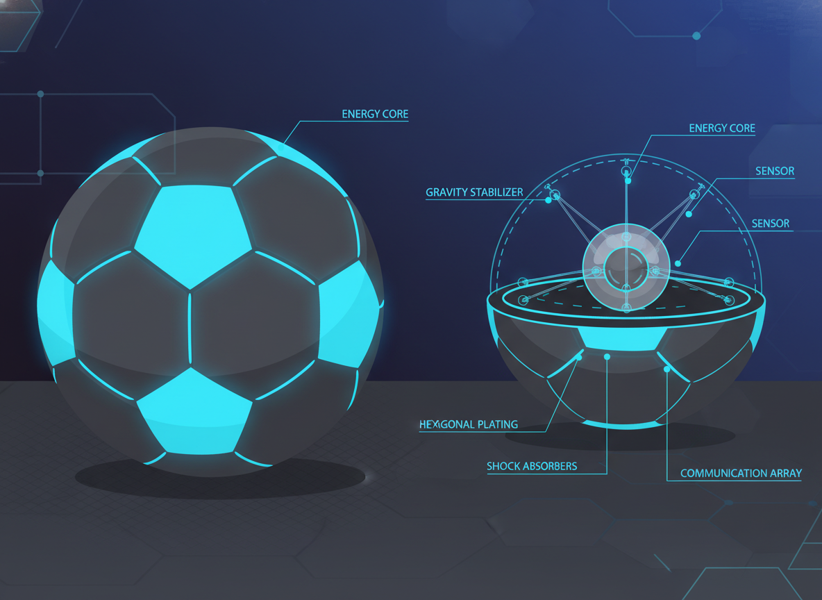 A futuristic soccer ball with glowing blue hexagonal patterns, with a cutout diagram showing a central sensor suspended by shock-absorbing wires inside the ball.