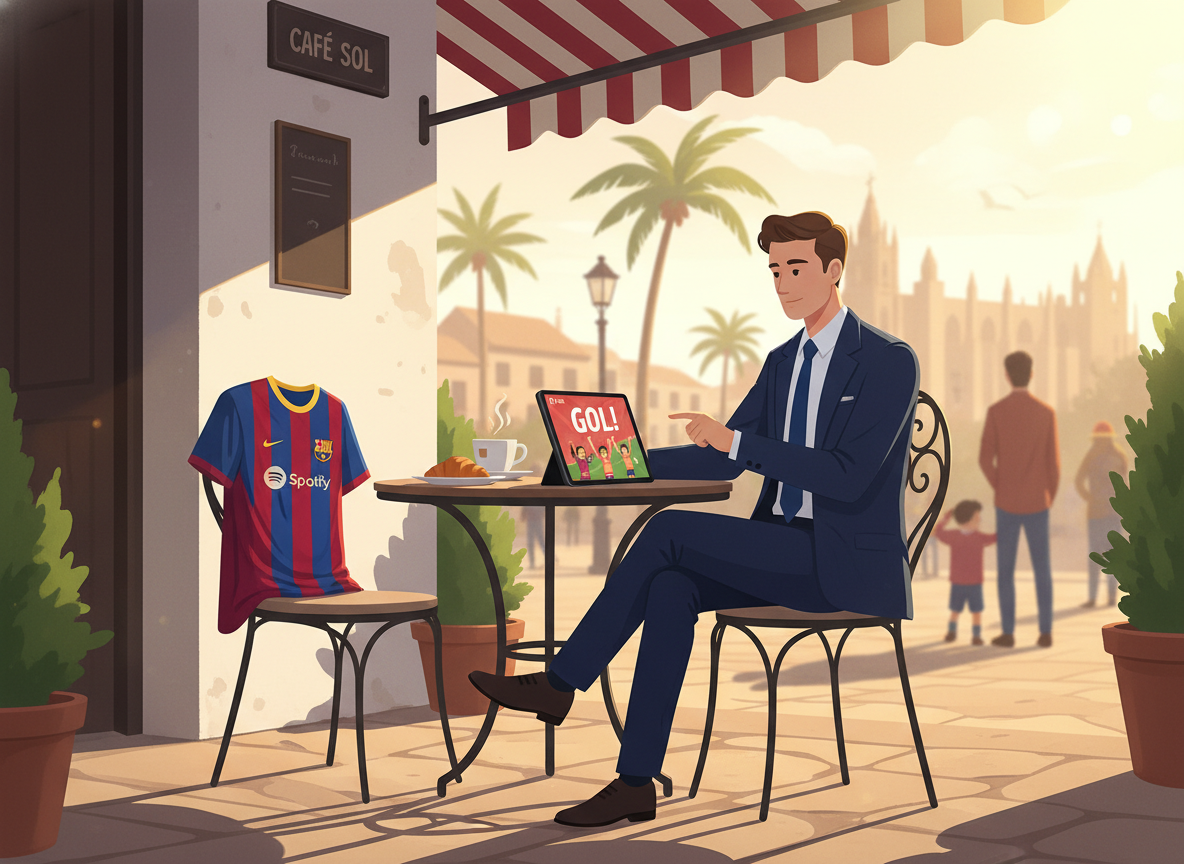 A high-quality, cinematic shot of a fan in a sun-drenched Spanish cafe watching a live Liga F soccer match on a sleek tablet, with a vibrant Barcelona jersey draped over a chair nearby and a goal being celebrated on the screen. A high-quality, cinematic shot of a fan in a sun-drenched Spanish cafe watching a live Liga F soccer match on a sleek tablet, with a vibrant Barcelona jersey draped over a chair nearby and a goal being celebrated on the screen.