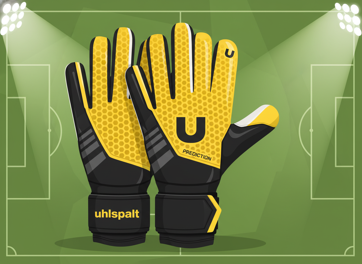 A high-quality close-up of professional Uhlsport Prediction Absolutgrip SC goalkeeper gloves, showcasing the textured yellow AbsolutGrip palm and the sleek breathable airprene backhand, bright stadium lighting, 4k resolution, hyper-realistic sports gear photography. A high-quality close-up of professional Uhlsport Prediction Absolutgrip SC goalkeeper gloves, showcasing the textured yellow AbsolutGrip palm and the sleek breathable airprene backhand, bright stadium lighting, 4k resolution, hyper-realistic sports gear photography.