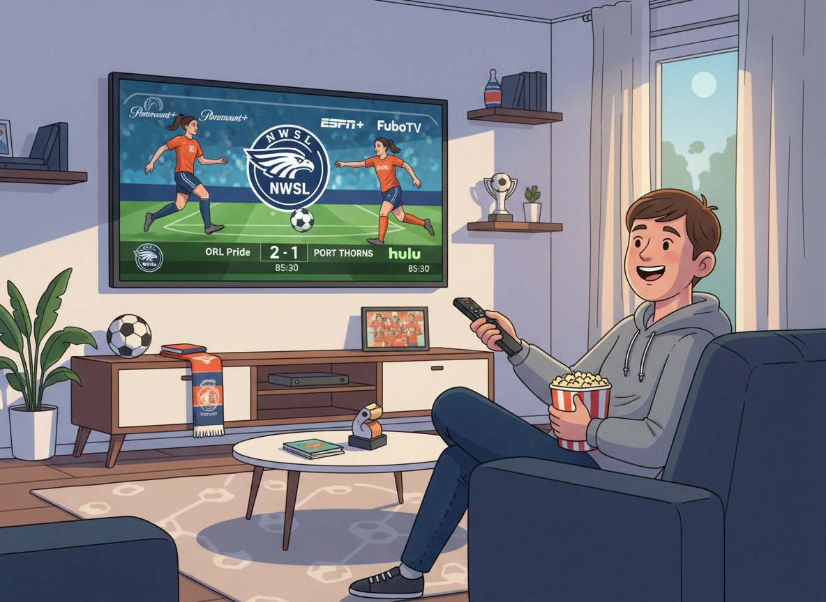 A high-quality digital illustration of a fan sitting in a modern living room, watching an intense NWSL soccer game on a large TV screen, with logos of various streaming platforms and the NWSL logo visible, cinematic lighting, vibrant sports atmosphere. A high-quality digital illustration of a fan sitting in a modern living room, watching an intense NWSL soccer game on a large TV screen, with logos of various streaming platforms and the NWSL logo visible, cinematic lighting, vibrant sports atmosphere.
