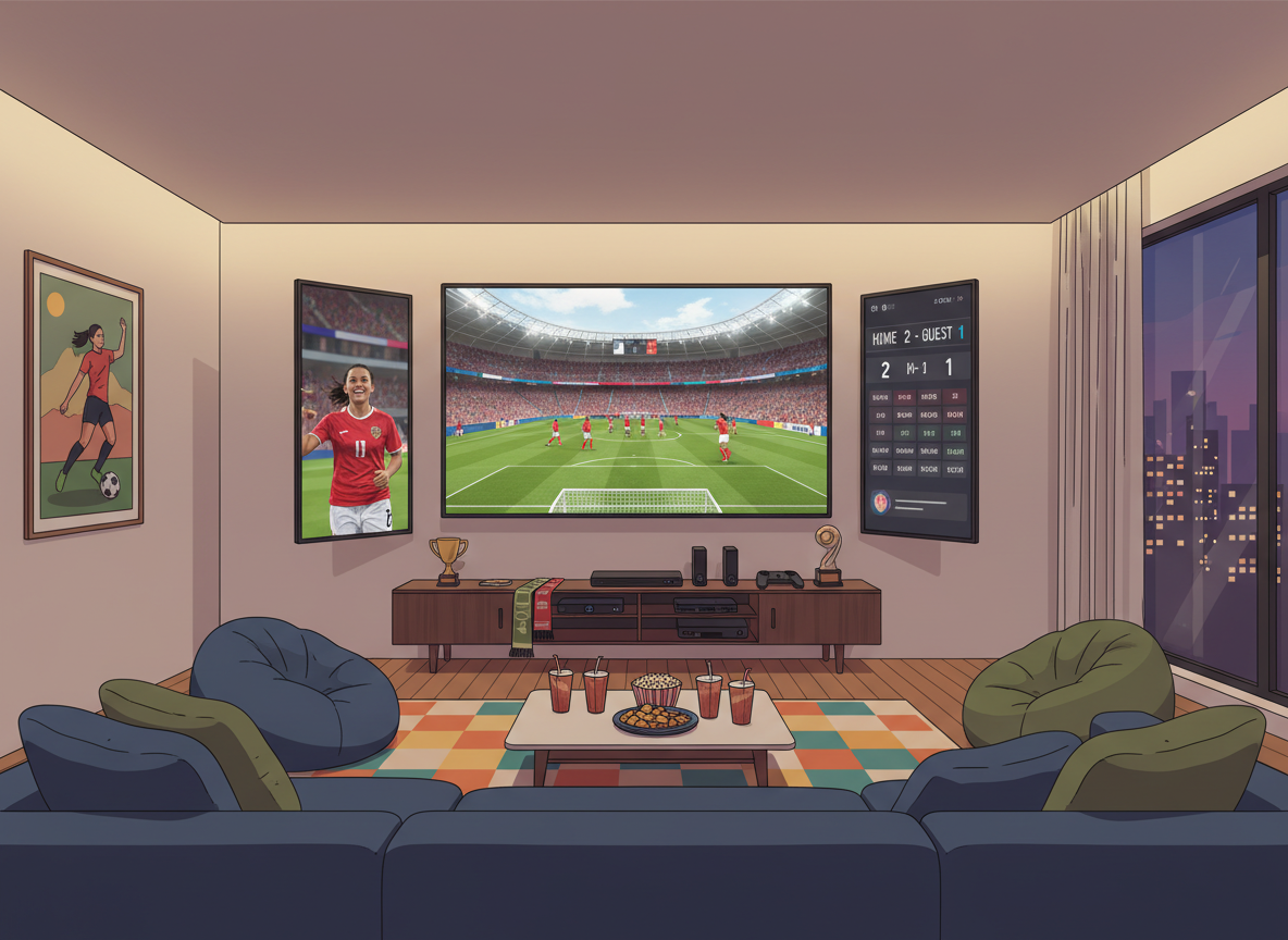 A high-quality digital illustration of a modern living room setup with multiple screens displaying different live women's soccer matches, vibrant colors, cinematic lighting, and a cozy atmosphere. A high-quality digital illustration of a modern living room setup with multiple screens displaying different live women's soccer matches, vibrant colors, cinematic lighting, and a cozy atmosphere.