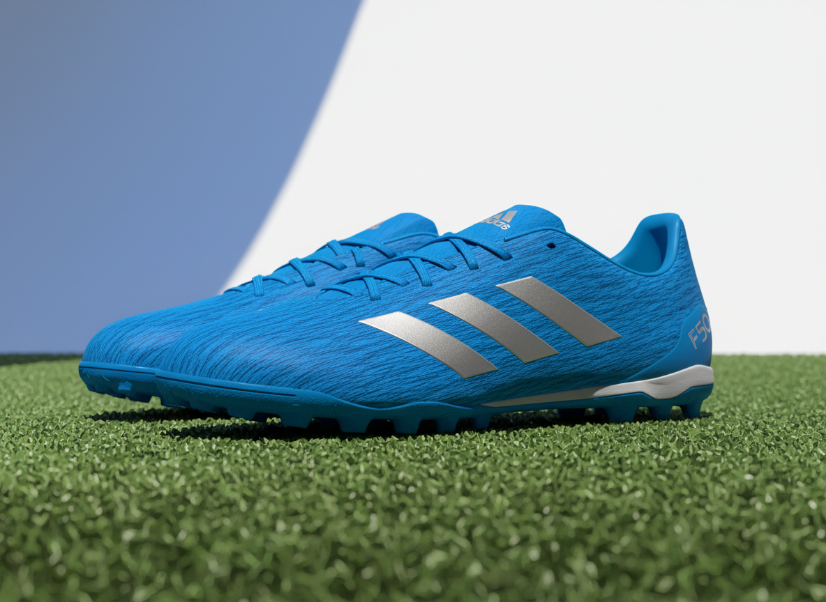 A high-quality studio shot of the Adidas F50 League turf soccer boots, featuring a vibrant solar blue colorway with silver accents, resting on a textured 3G artificial turf surface with dramatic side lighting to highlight the Fiberskin texture. A high-quality studio shot of the Adidas F50 League turf soccer boots, featuring a vibrant solar blue colorway with silver accents, resting on a textured 3G artificial turf surface with dramatic side lighting to highlight the Fiberskin texture.