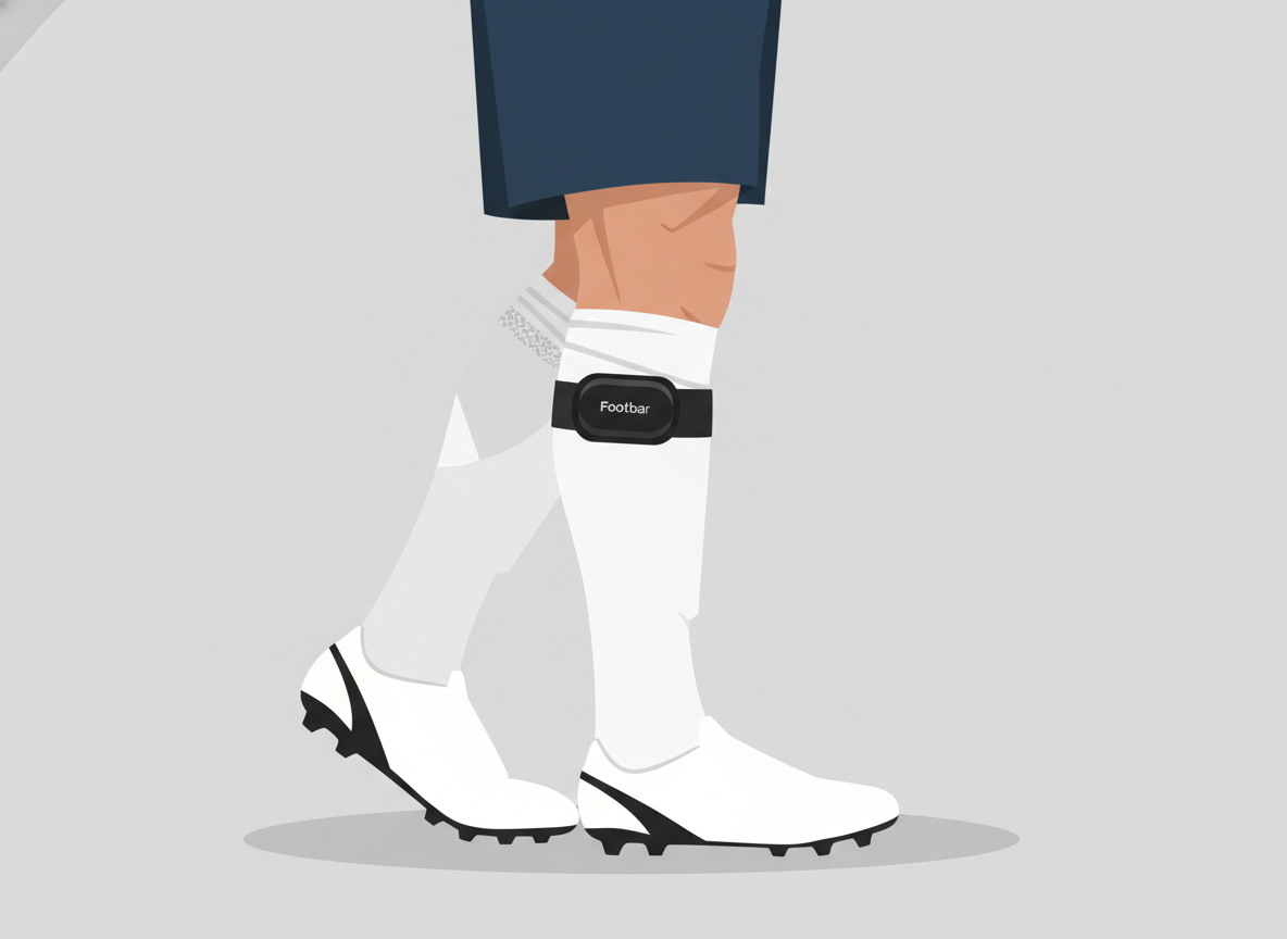 A high-quality studio shot of the Footbar Meteor soccer sensor, a small black device, strapped securely to the calf of a soccer player wearing white athletic socks and cleats.