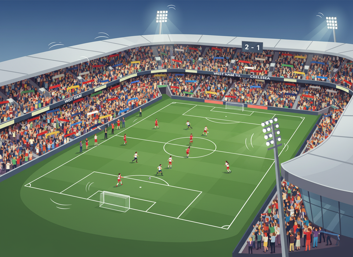 A high-quality wide-angle view of a packed English soccer stadium during a WSL match, with the grass glowing under bright floodlights and fans waving colorful team scarves in the stands. A high-quality wide-angle view of a packed English soccer stadium during a WSL match, with the grass glowing under bright floodlights and fans waving colorful team scarves in the stands.